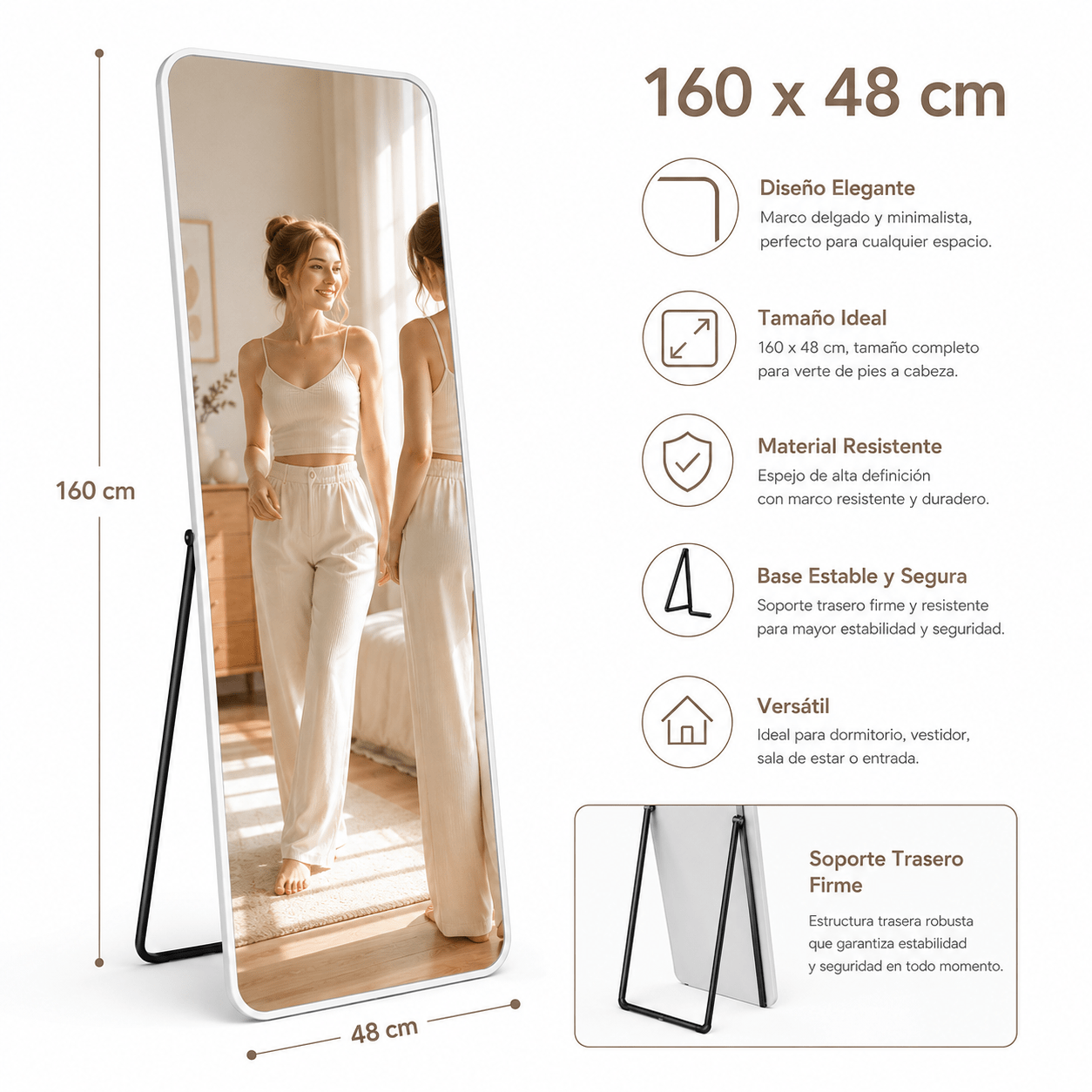 TEMU HEY ! Espejo de cuerpo de 147 × 36 cm, con dos formas de colocación: de pie sobre con su soporte trasero o en la pared. Su fino y sus esquinas