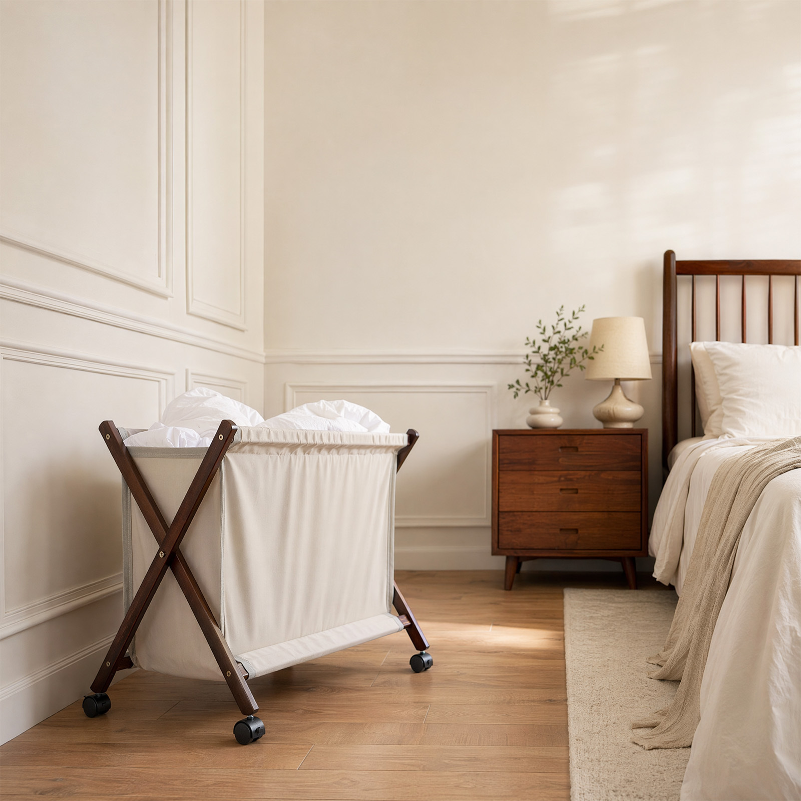Retro Foldable Laundry Basket with Wheels, Wooden Hamper