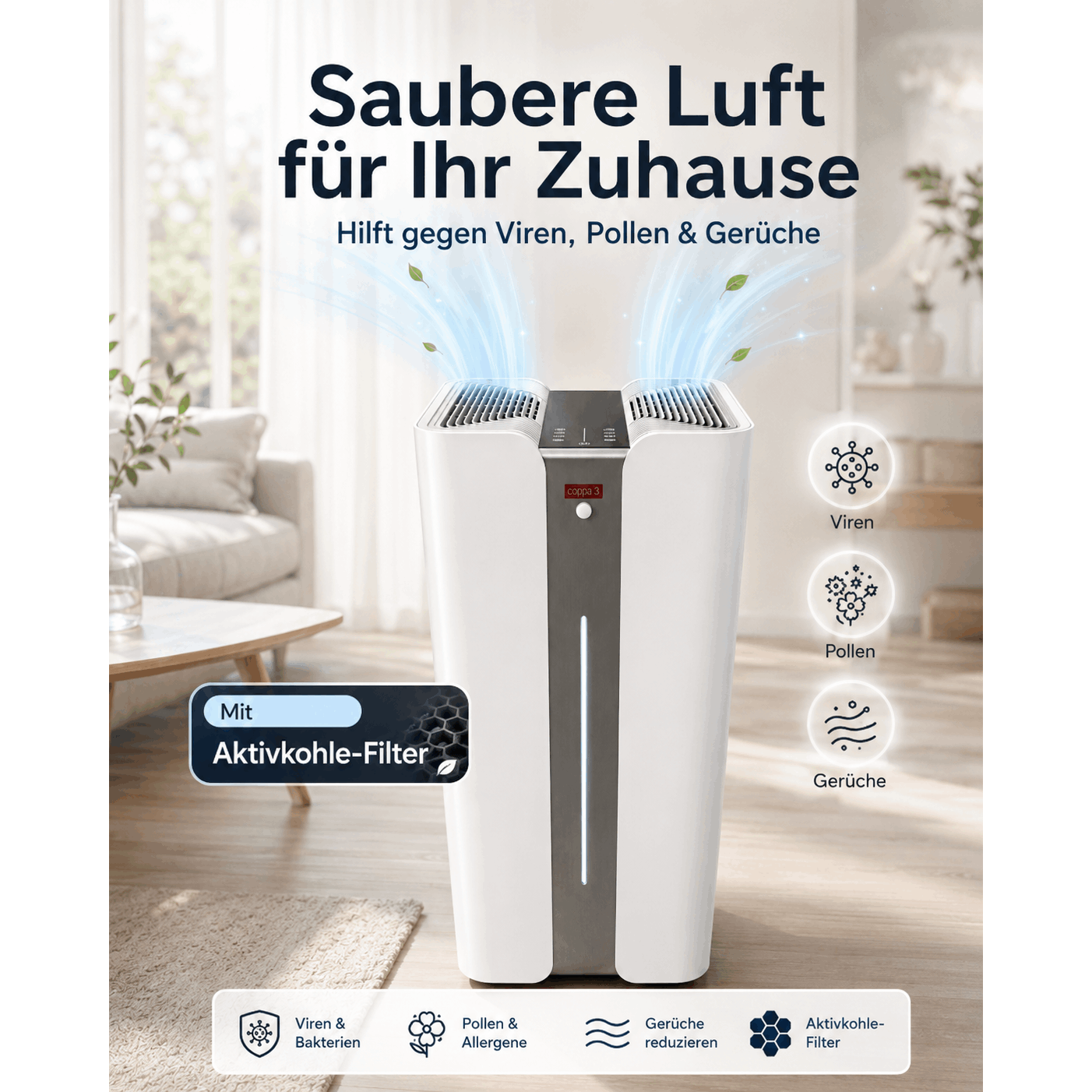 Image of For 3 To 120 M² – Hepa H13 Filter, 99.97% Particle Filtration, Reduces , , , Pollen & Fine Dust, Display, , For Home, Bedroom, Office & Large Rooms