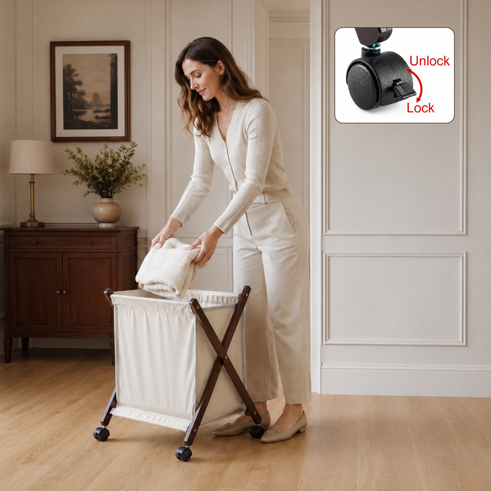 Retro Foldable Laundry Basket with Wheels, Wooden Hamper