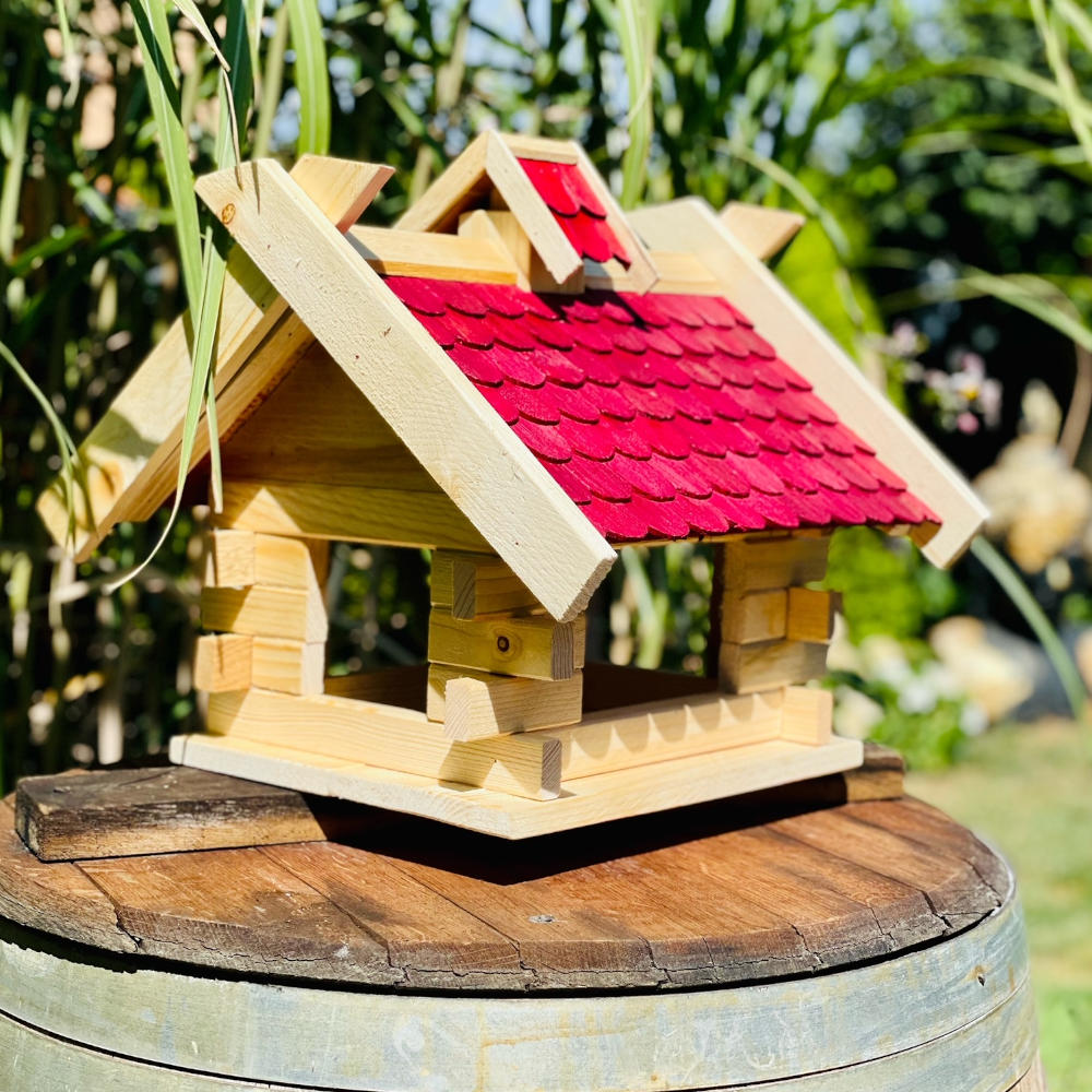 Image of Wooden Birdhouse - Bird Feeder, Wild Bird Feeding Station, Weatherproof Birdhouse For Garden, Balcony & Terrace, Feeding, Natural / Red