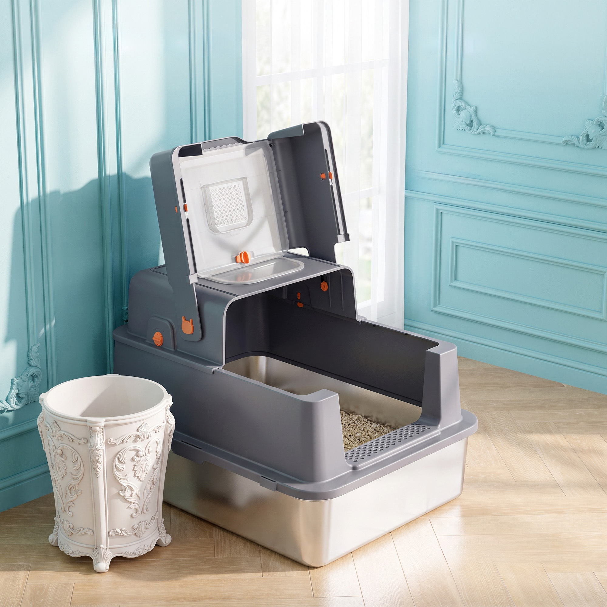 Image of Xxxl Double-door Enclosed Stainless Steel Cat Litter Box, With 3 Adjustable Opening , Activated Charcoal In To Odors, And Set Of Cleaning Accessories Included