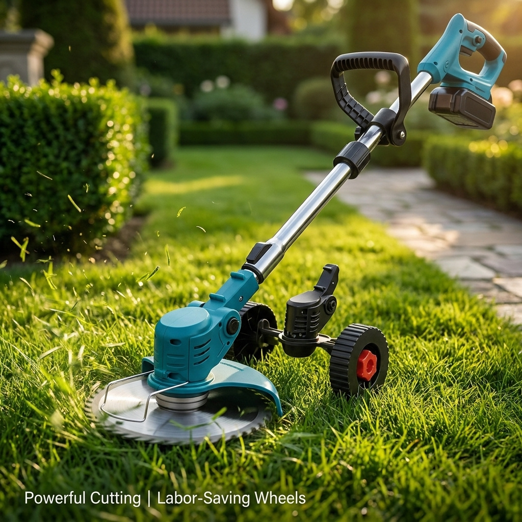 Manual Grass Edger Tool With Wheels & Replaceable , Blue Hand Held Lawn Trimmer