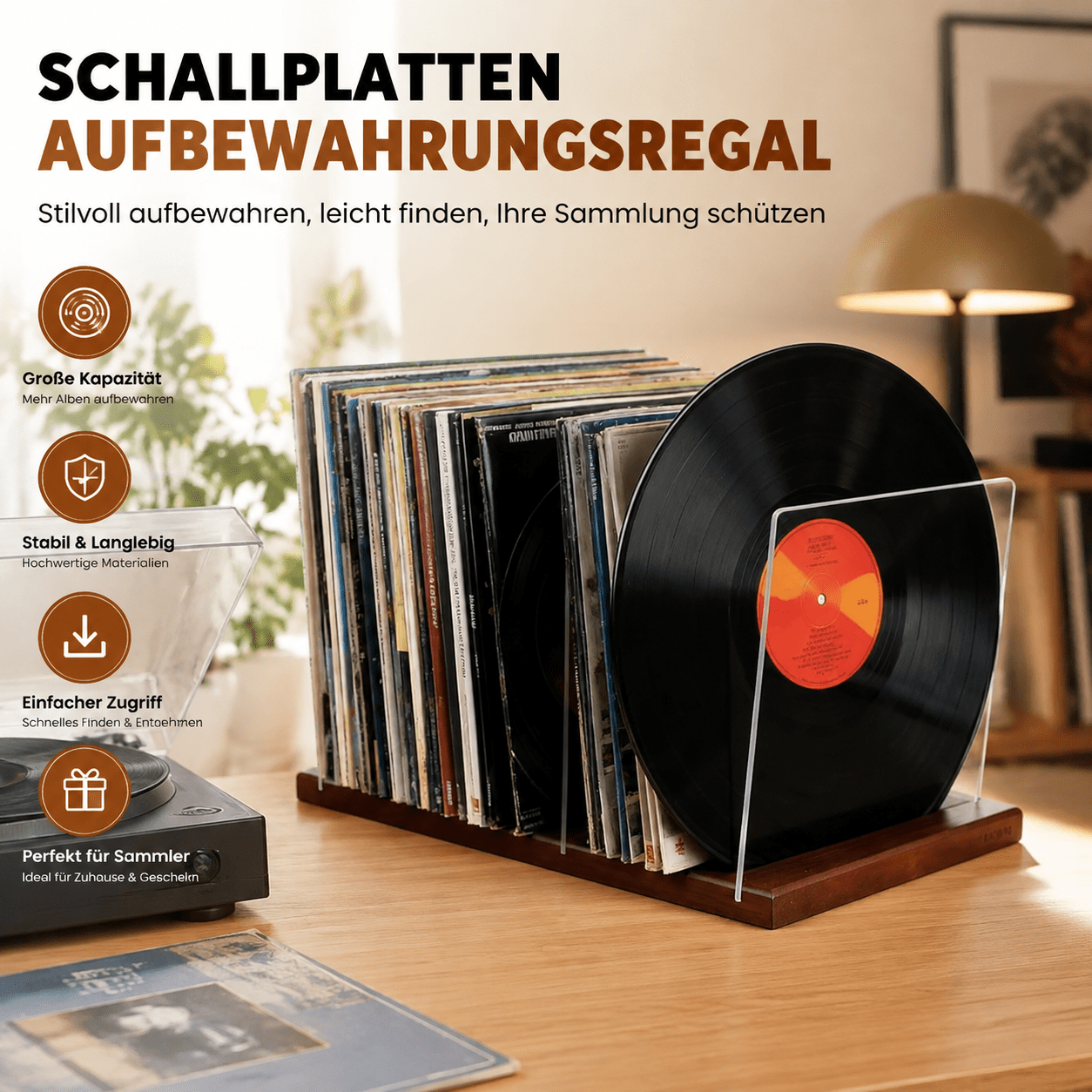 Image of Record Player Stand With 60 Lp Capacity, Vinyl Holder Organizer With Non-slip , Record Storage Shelf, Sturdy Record Stand For Home, Living Room, Office