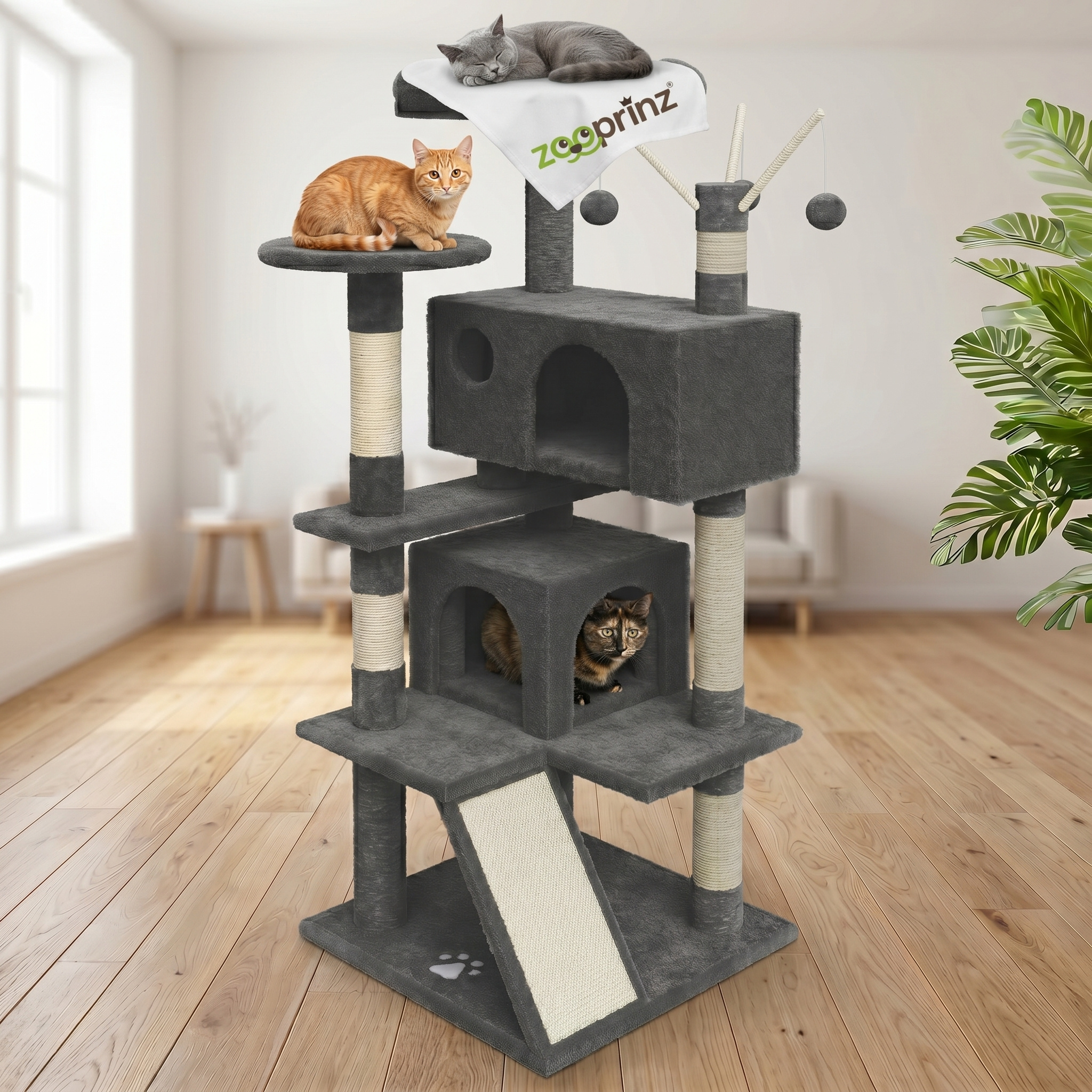 Image of Xxl Cozy Cat Tree With And 2 Snug Caves – Cat Tree And Climbing Tree For Indoor Cats With 3 Sisal Posts, Sisal Ramp, 35 Cm Lounging Nook, Anti-tipping Lock, Plush Mouse, And Balls, In 2 Colors