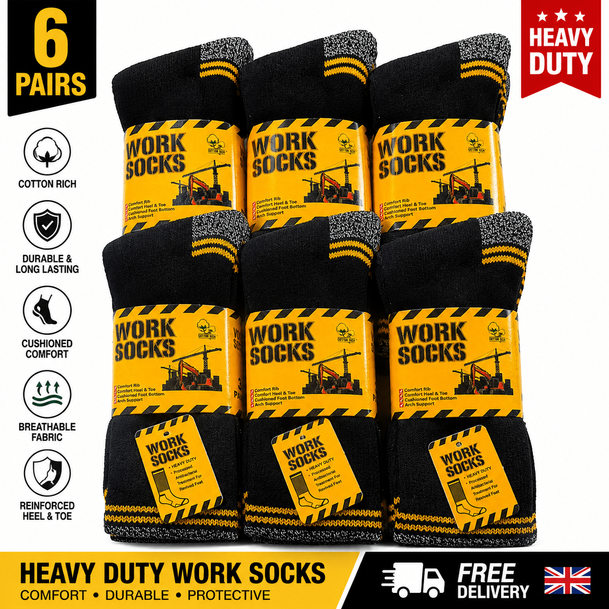 TEMU 6 Pairs Men's Work Socks, Heavy Duty Crew Socks, Cushioned Heel & Toe, Comfortable Durable Workwear Socks Uk Size 6-11