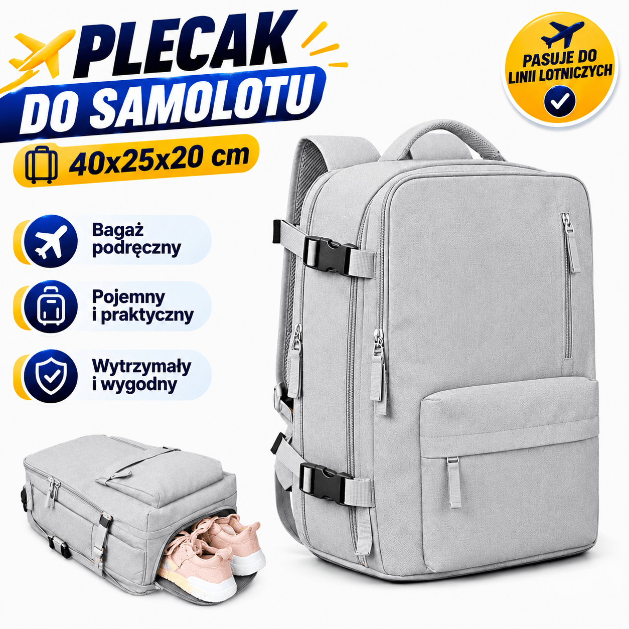 Image of Local Warehouse Under-seat Airplane Backpack Cm With A Shoe Compartment, Ryanair Carry-on Luggage For 14-inch Laptop, Travel Backpack For Short Trips, International Travel, School, And Outdoor Use