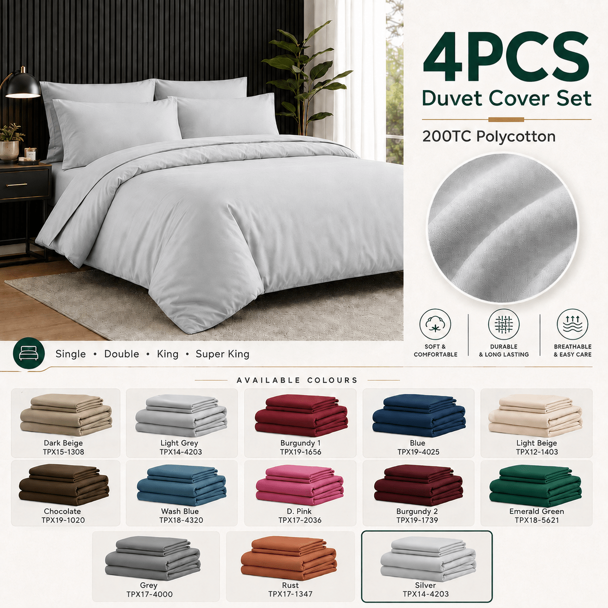 TEMU 4-piece 200tc Duvet Cover Set, Soft Breathable Solid Colour Bedding Set With 1 Duvet Cover, 2 Pillowcases & 1 Fitted Sheet, Single, Double, King