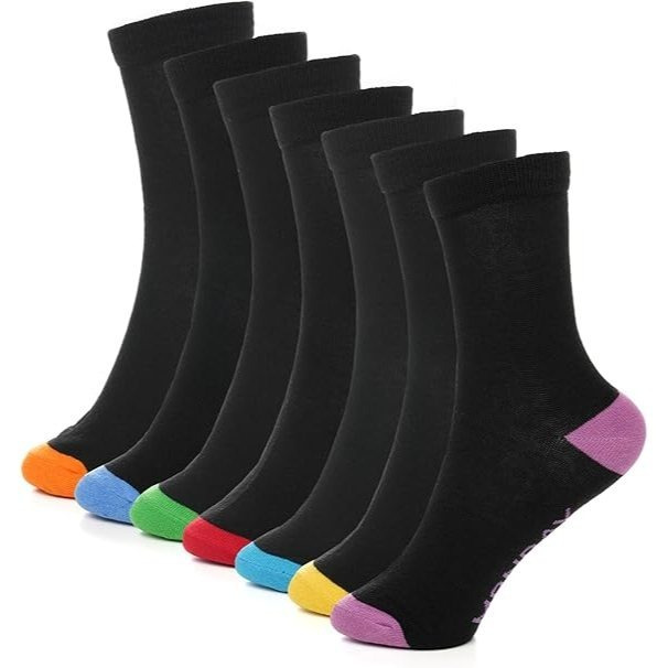 TEMU Days Of The Week Socks 7 Pack Designs With Colourful Heel & Toe, Breathable Boys Kids & Men's Socks, Black Multi Colour