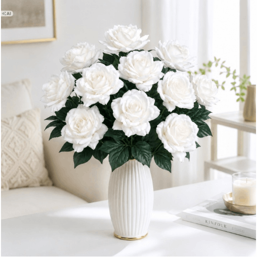 Image of A Bouquet Of 12 Large White Artificial Roses, 12 Stems, 53 Cm, Decorative Roses