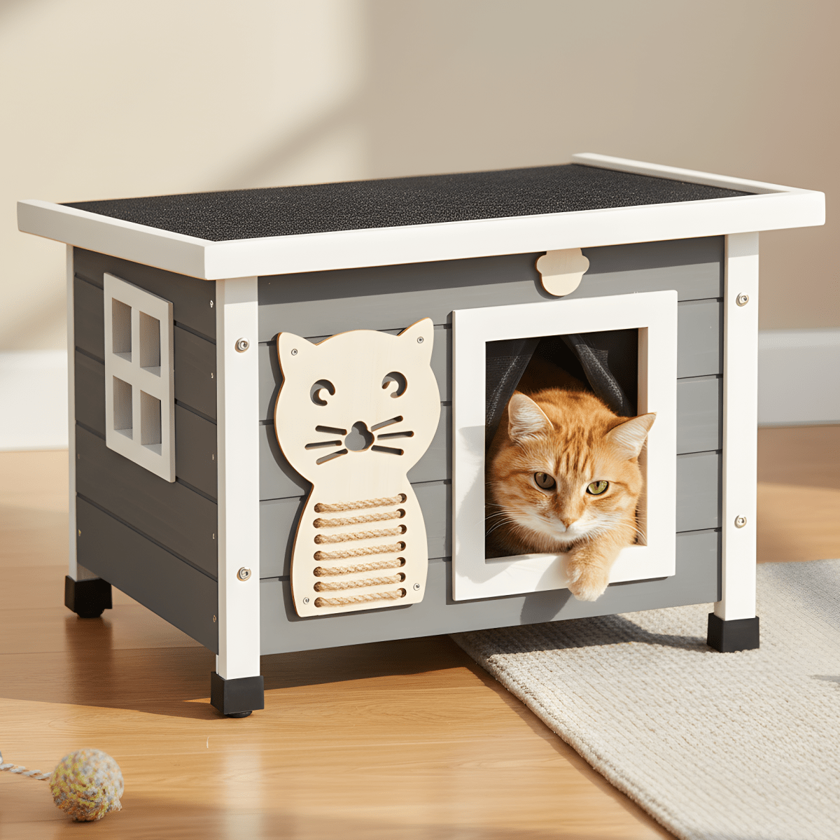 TEMU Outdoor Solid Wood Cat House – Weatherproof Cat Shelter And Cave With Flip-up Roof, Slatted Door, Window, Sisal Scratching Surface, Adjustable
