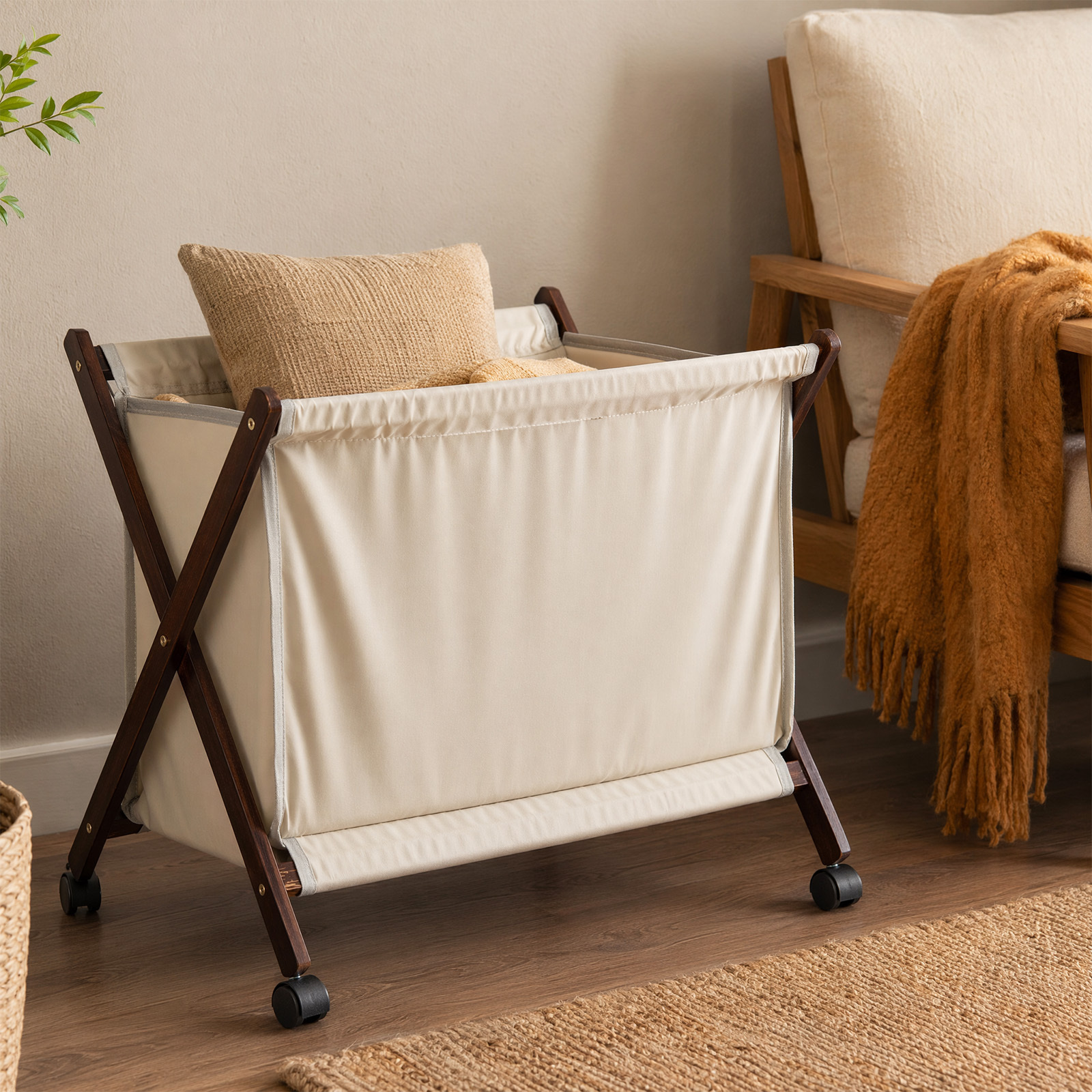 Retro Foldable Laundry Basket with Wheels, Wooden Hamper