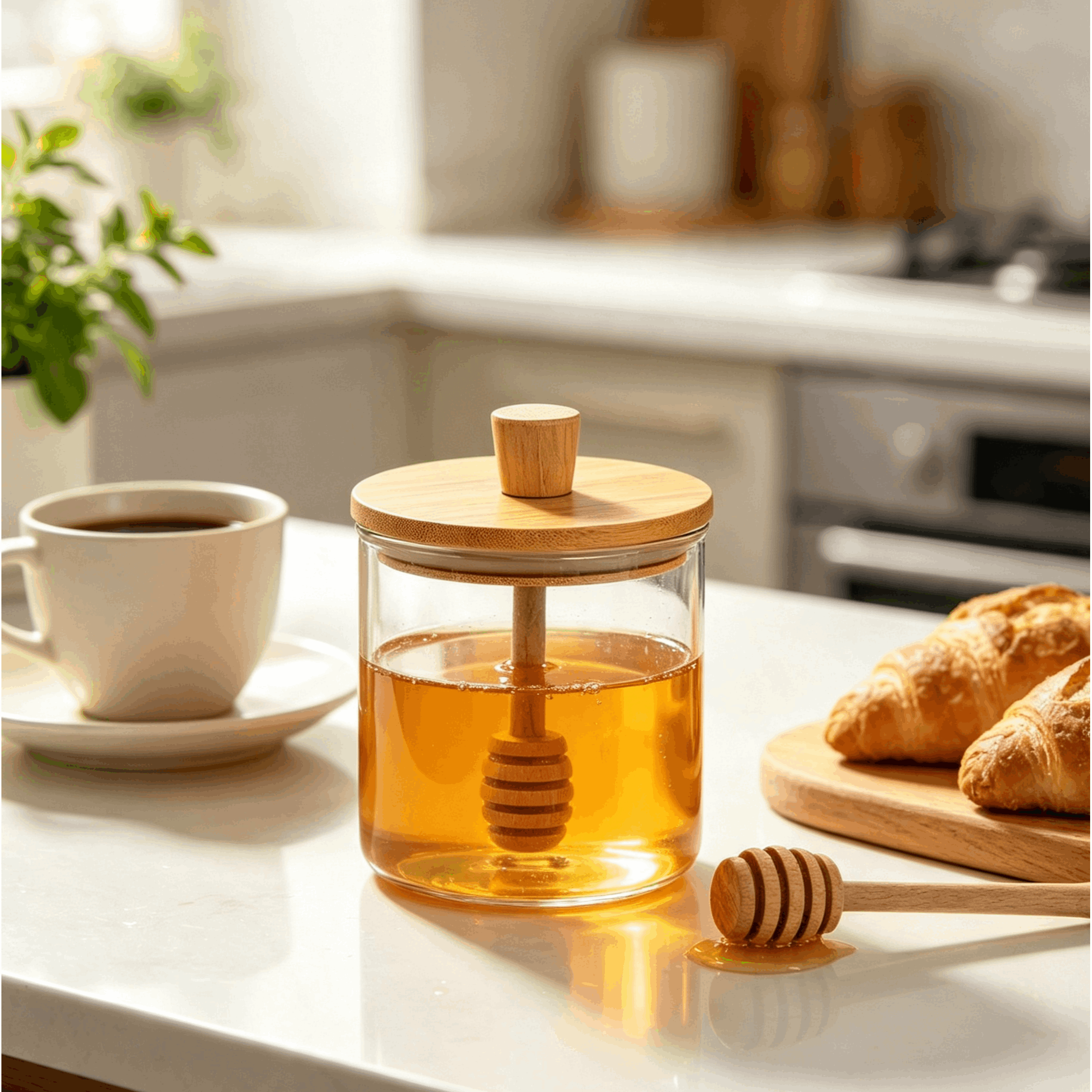 TEMU HOME Mielera de Borosilicato con Mango y de Bambú - 500 ml - Ø 9 x 11 cm - Fabricada en vidrio de borosilicato, un material resistente a altas