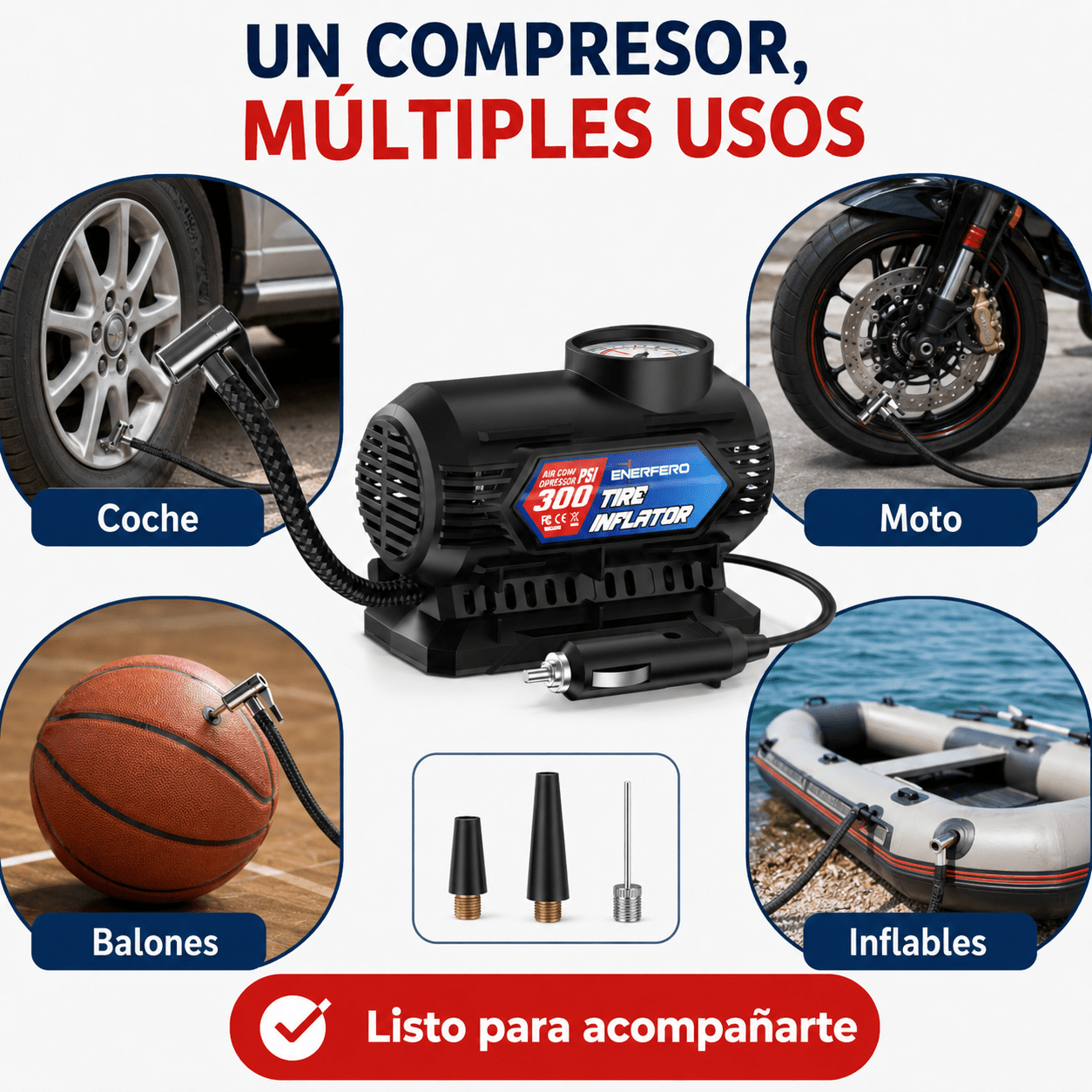 TEMU Compresor de Aire Portátil de 12 V para Coche, Inflador de Neumáticos de 150 PSI con Manómetro, Manguera Flexible, Cable de 3 m y 5 Accesorios,