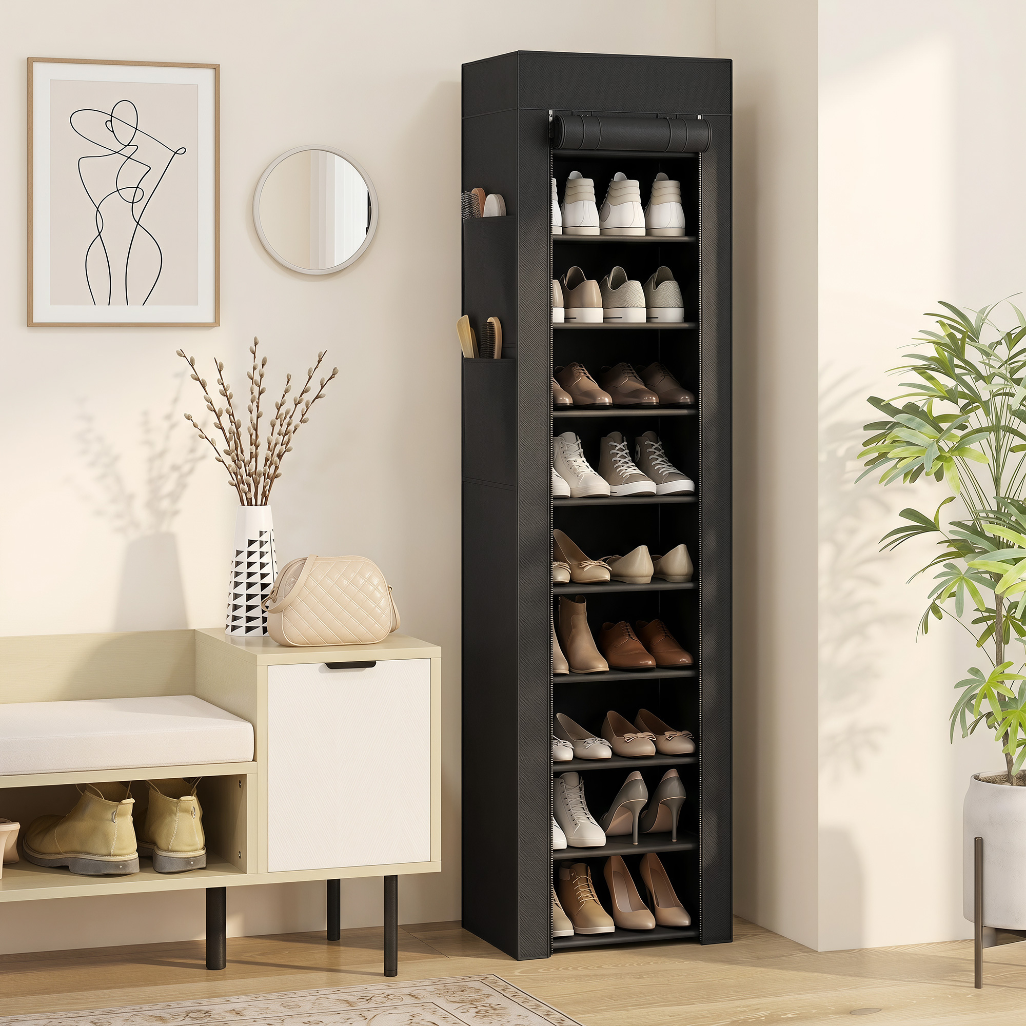 Image of Shoe Rack With 10 Tiers, Shoe Organizer With Metal Frame, For Up To 20 Pairs Of Shoes, Fabric Shoe Storage For Hallway, Entryway, Or Living Room, 45 X 30 X 175 Cm, Black