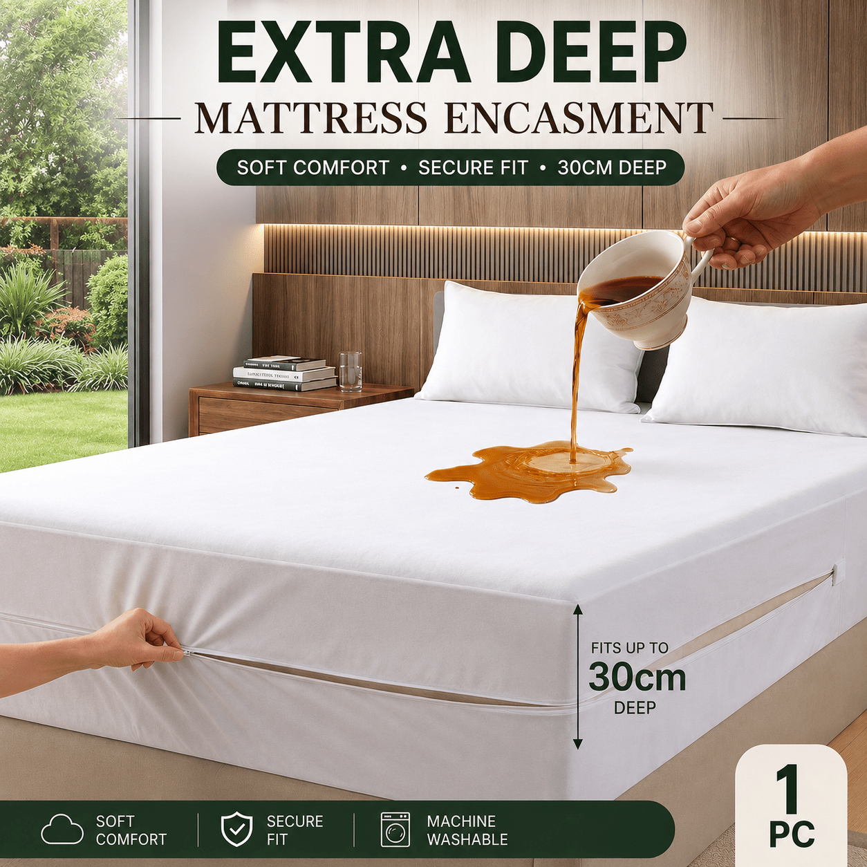 TEMU 1pc Zippered Mattress Cover, Fully Enclosed Summer Cooling 100% Waterproof Mattress Protector, Dust-proof 360° Mattress Case With Solid Plain