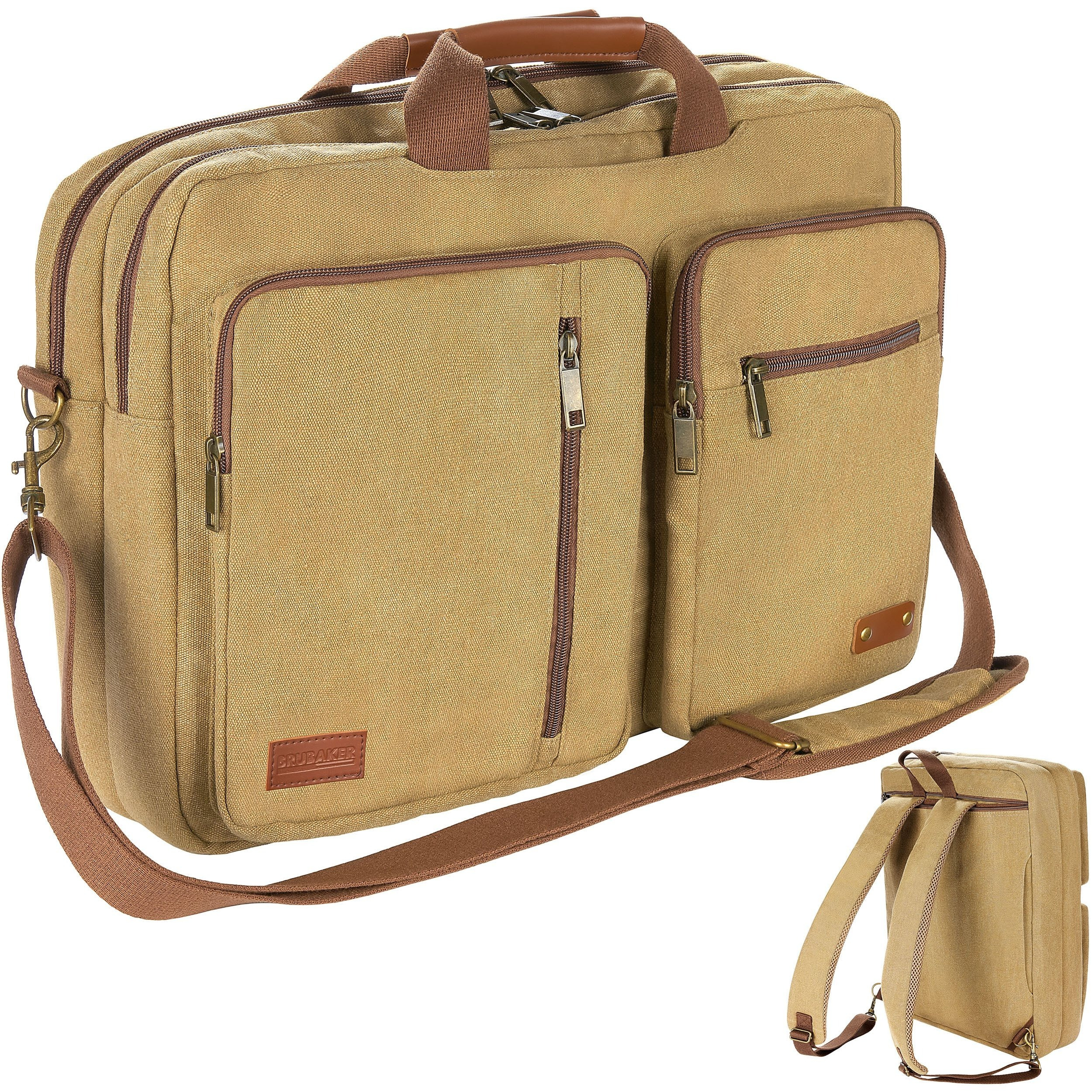 Image of Brubaker Vintage Shoulder Bag '' - Poly Canvas Briefcases For Men And Women - Retro Laptop Bag Business Bag With Backpack Function - 3 In 1 Messenger Bag - Brown
