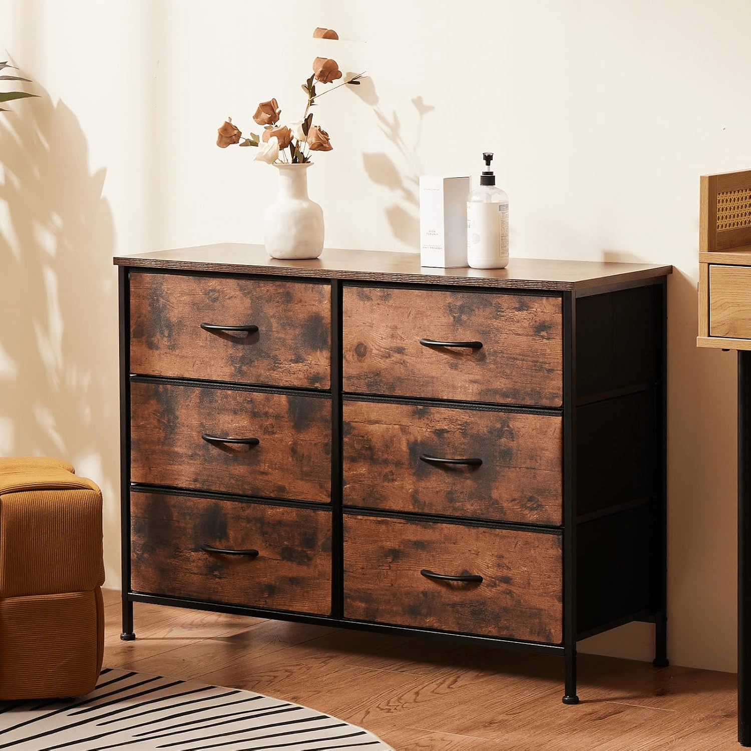 Image of 6 Drawer Dresser For Bedroom, Wide Storage Chest Of Drawers Cabinet | Fabric Storage Organizer With Wooden Top, Wide Dresser Cabinet For Closet, Bedroom, Rustic Brown