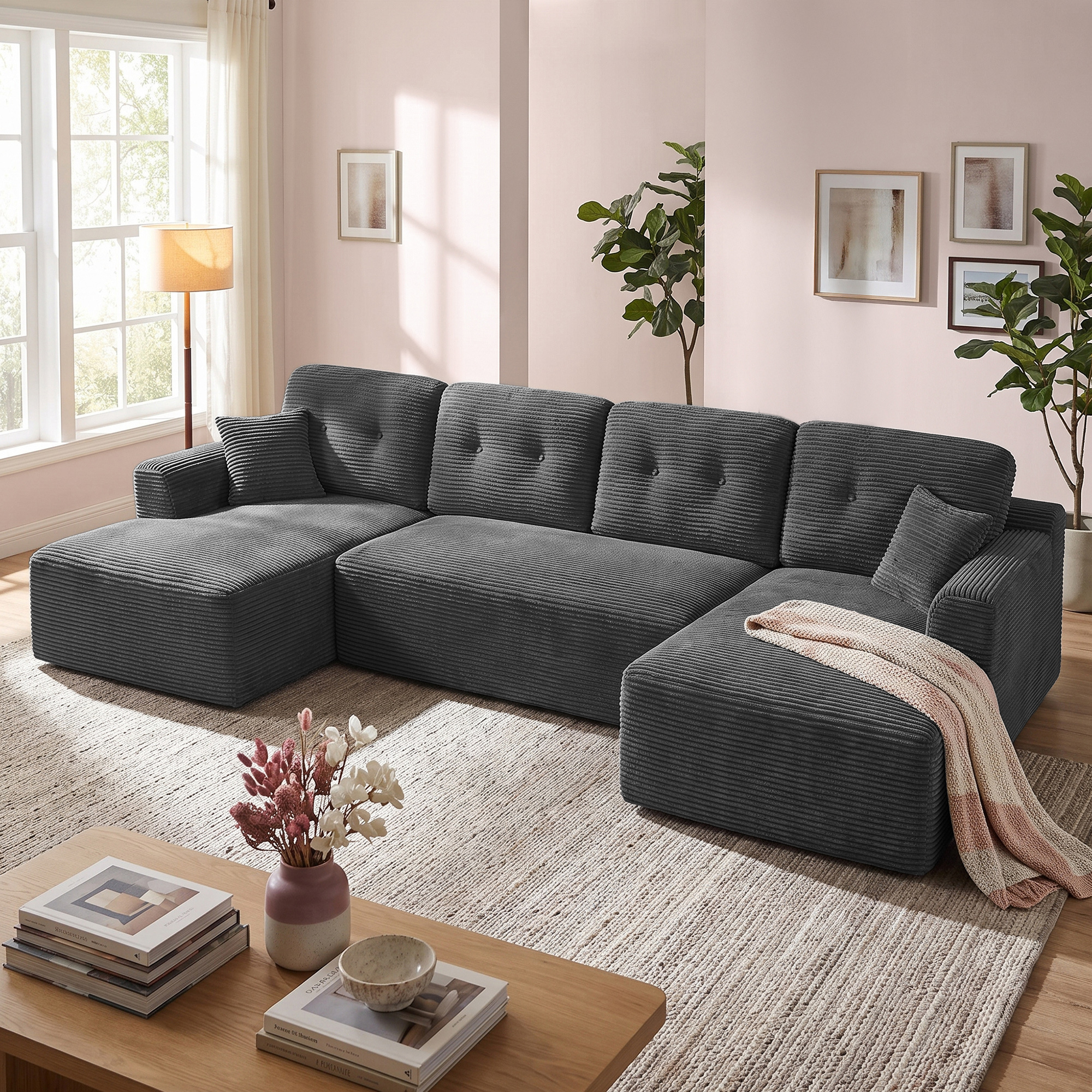 U-shaped 6-seater Modular Corduroy Sofa With Cushions, 336 X 154 X 89 Cm, Grey