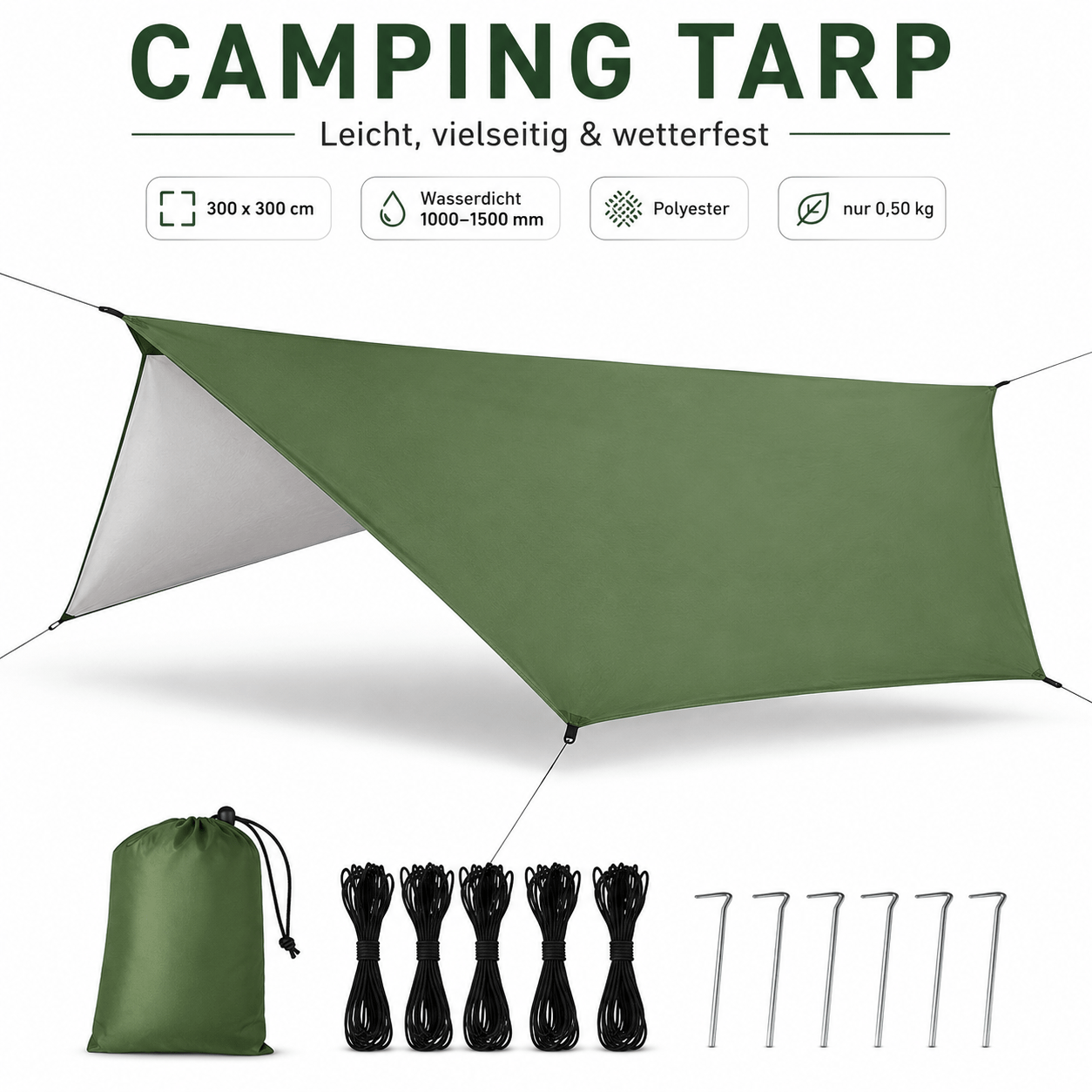 3 X 3 M Tarp, Waterproof Camping Tarpaulin For Bushcraft With Silver Coating, 6 Guy Ropes, 6 Stakes, And Carry Bag