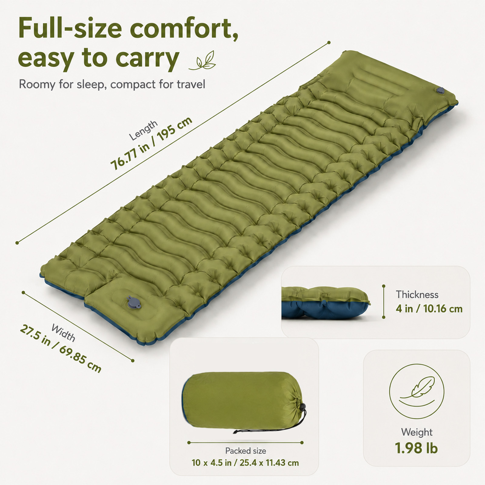 Camping Air Mattress, Thick, Inflatable Camping Mattress With Pillow And Integrated Foot Pump, Rollable, For Adults; Wide, Compact Mat For Travel, Camping, Hiking, Backpacking And Car Camping