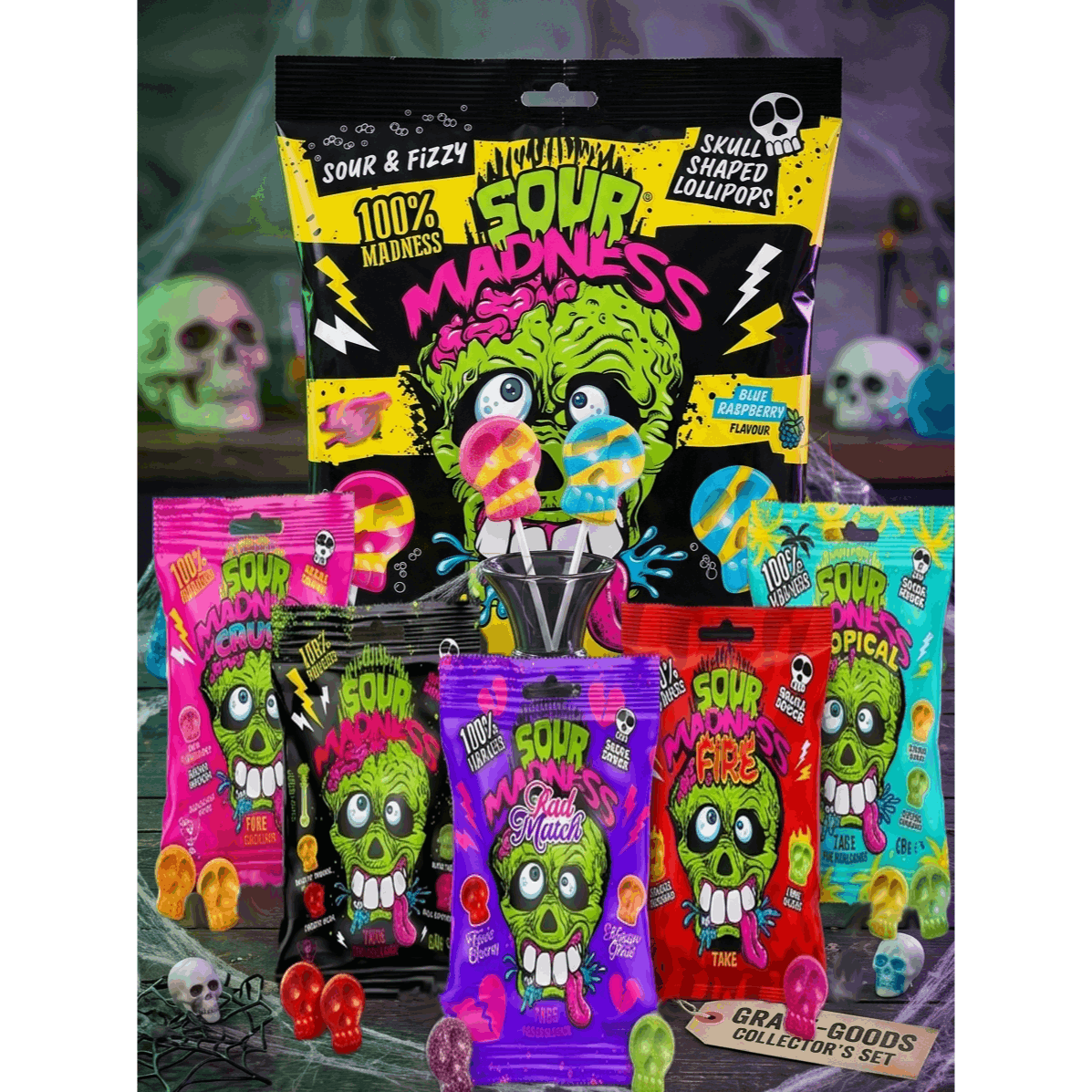 Image of Set Of Mega Sour Candies And Sour Madness Lollipops In The Shape Of A
