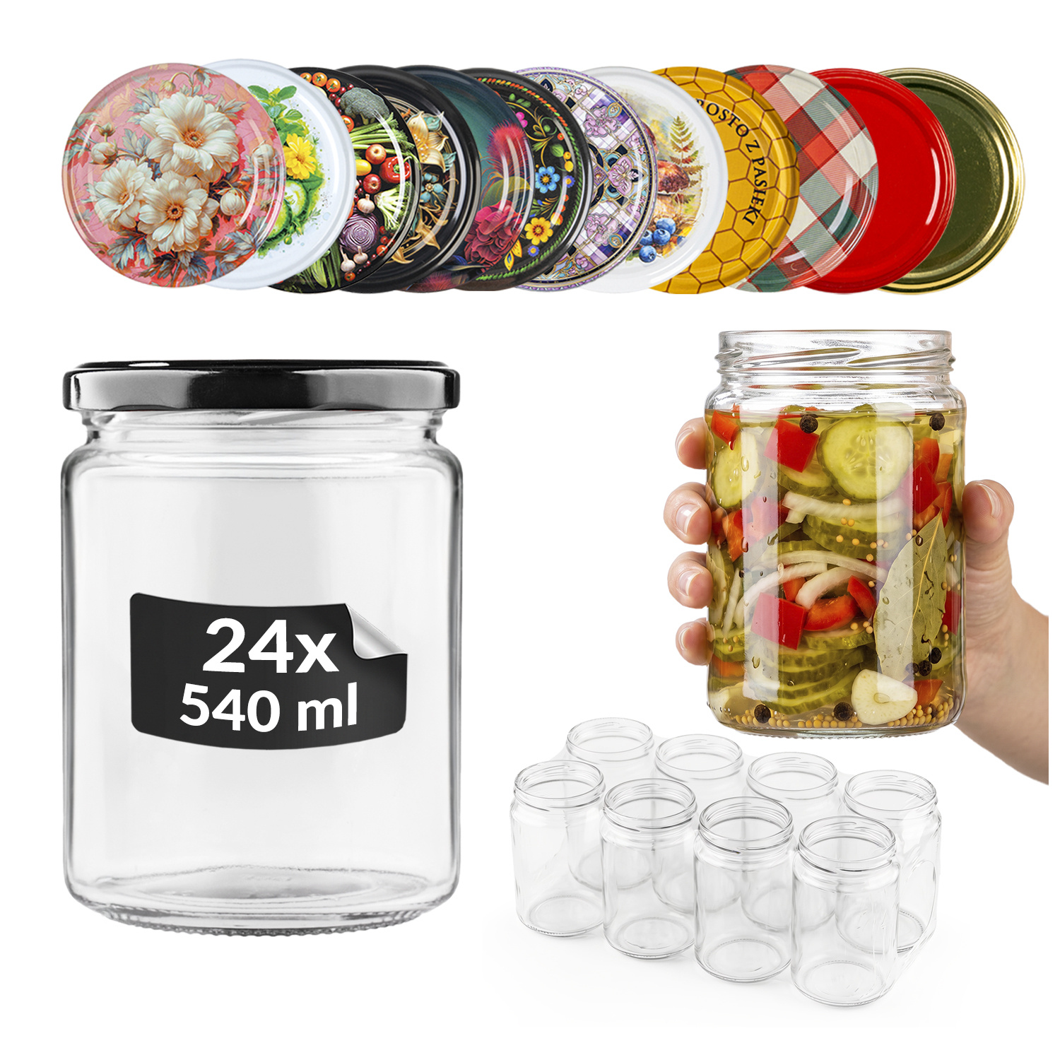 Image of 24pcs. Glass Jars 540 Ml For , Honey, , Meat, + Lids - Made Of Thick High- - Ideal For Pasteurization, Canning And Storing Homemade Products - Multi-use Jars – For Kitchen, Pantry