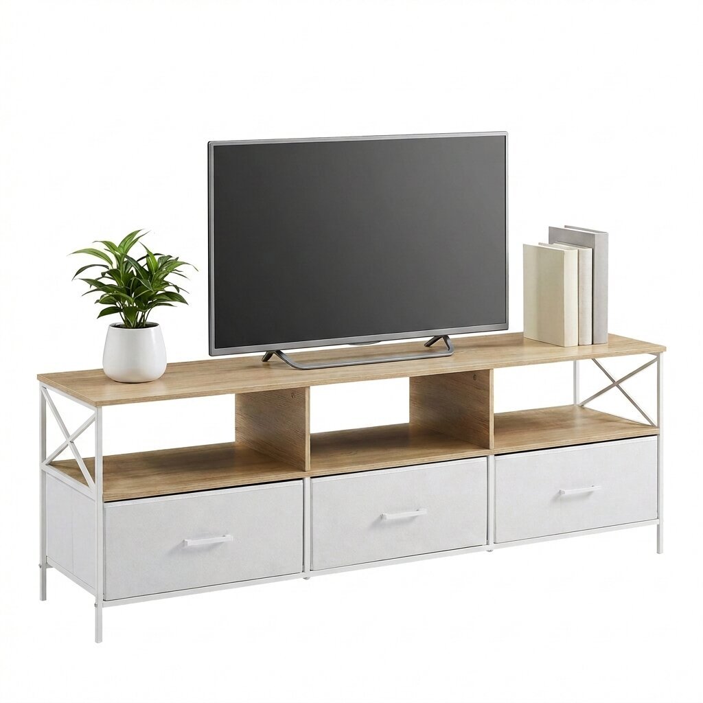 TEMU Meuble TV Moderne avec Tiroirs en Tissu et Étagères Ouvertes, Centre de Spacieux avec Cadre en Métal et Plateau en Bois