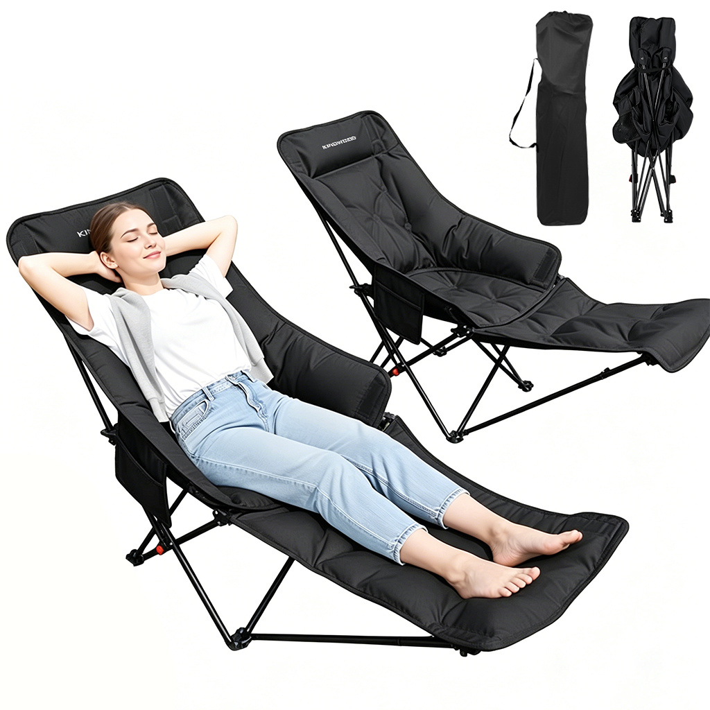 4-level Adjustable Padded Folding Camping Chair – Detachable Leg Rest, Side Storage Pocket & Carry Bag For Beach, Fishing & Nap