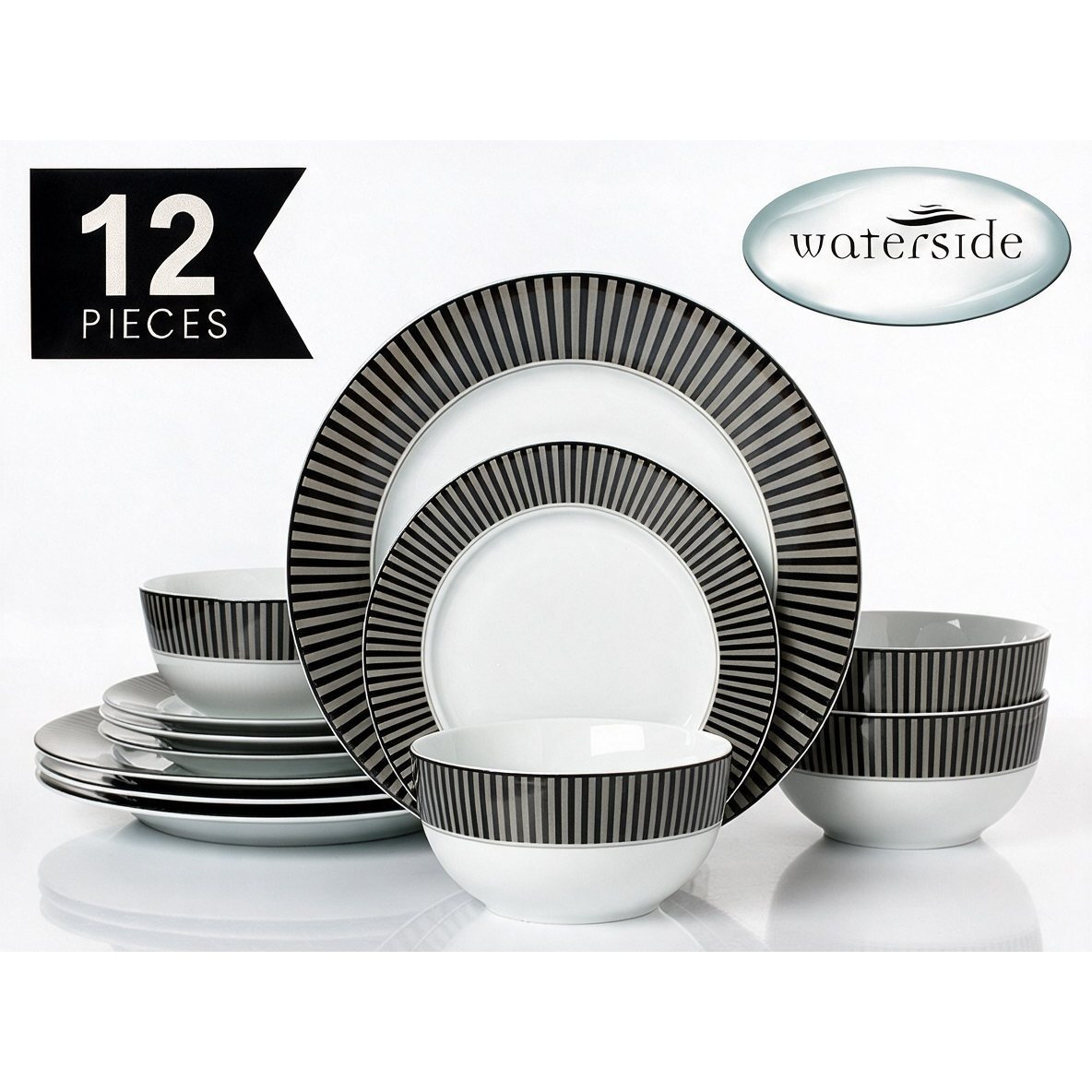 TEMU Waterside 12pcs Porcelain Dinner Set; Dishwasher & Microwave Safe - 4 Dinner Plates, And Deep Bowls