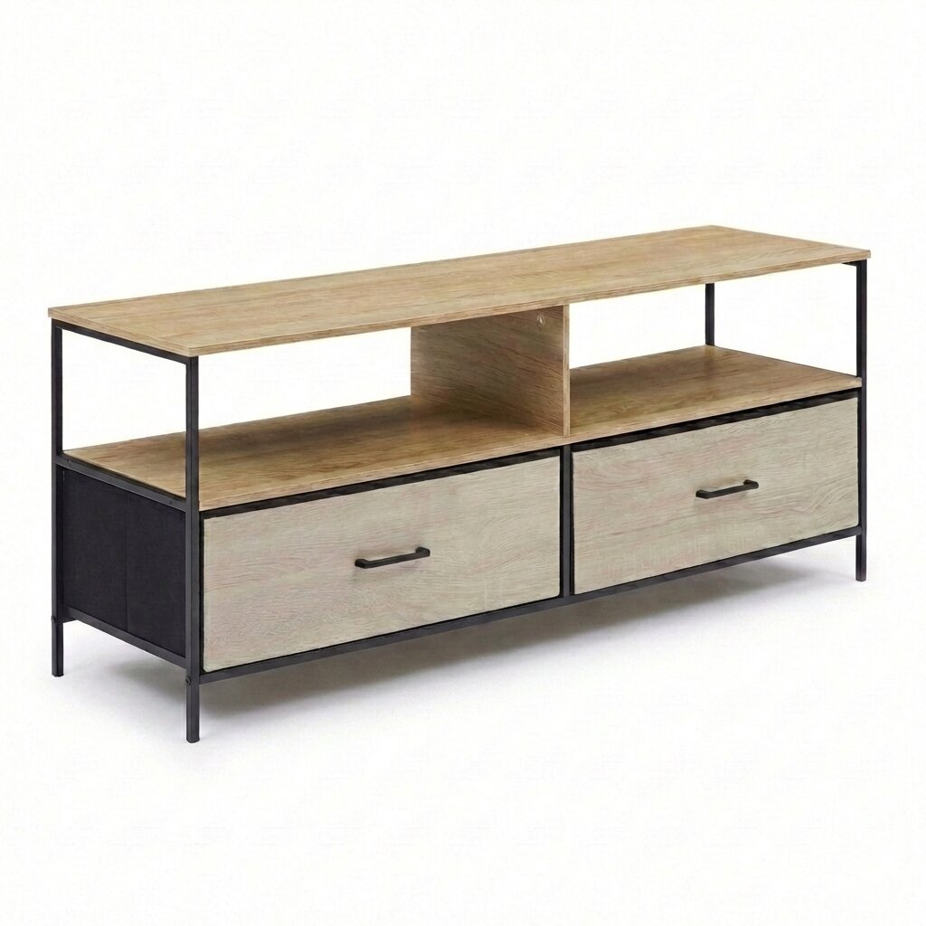 Image of Modern Tv Stand With Fabric Drawers And Open Shelves, Spacious Entertainment Center With Metal Frame And Wood Top
