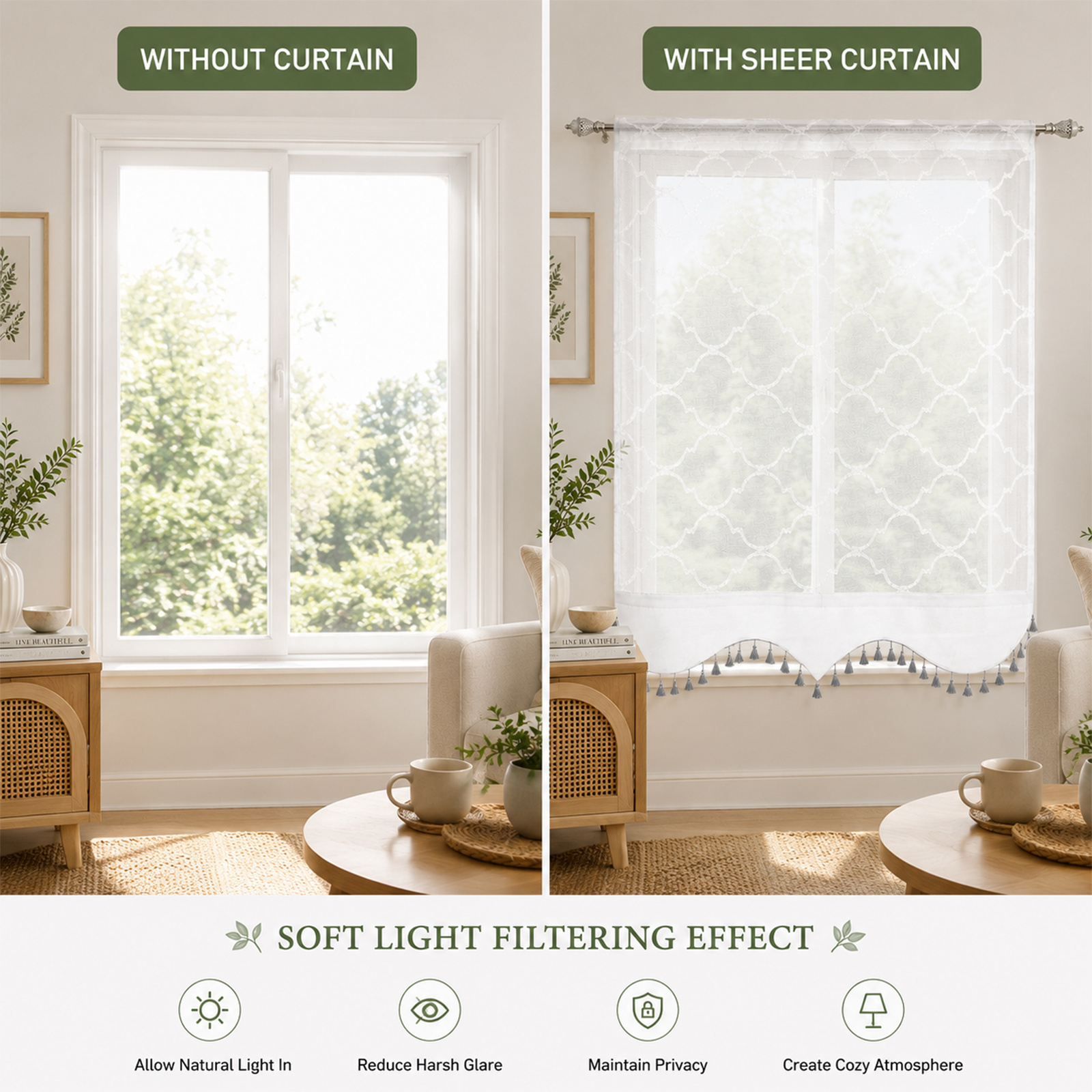 Image of 1pc Moroccan Style Decorative Curtains, 60*130cm, And Tassel Design, Semi-transparent Material, Suitable For Living Room, Dining Room, Kitchen, Add Style, , Perfect For Decorating Windows