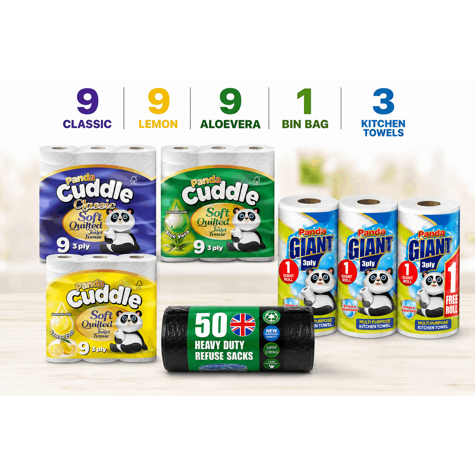 TEMU 3-in-1 Bundle – 27 Soft 3-ply Toilet Rolls (classic, Lemon & Aloe Vera), 3 Giant Kitchen Towels & 50 Heavy Duty Bin Bags