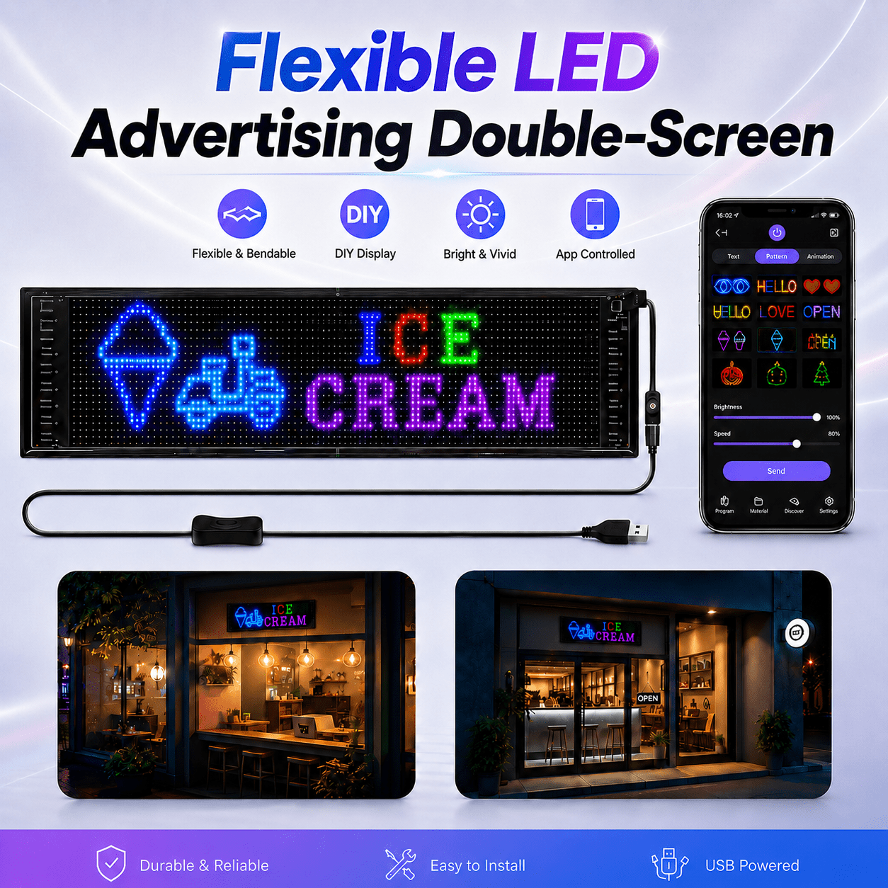 Image of Flexible Led Advertising Double-row Programmable Scrolling Sign With Usb Cable, App Control, Diy Texts And Animation, Music Digital Display For Door