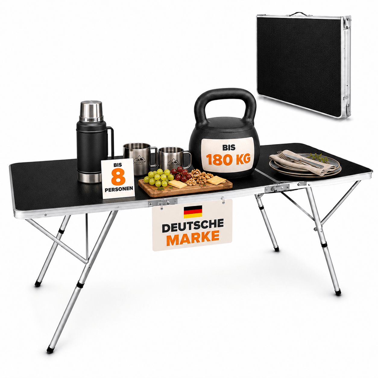 Image of 180 X 70 X 70 Cm Folding Table With Top In Wood Look - Camping Table And Buffet Table With Aluminum Frame, Adjustable Non-slip Feet And Carrying Handle, Kg, Packing Size 70 X 60 Cm