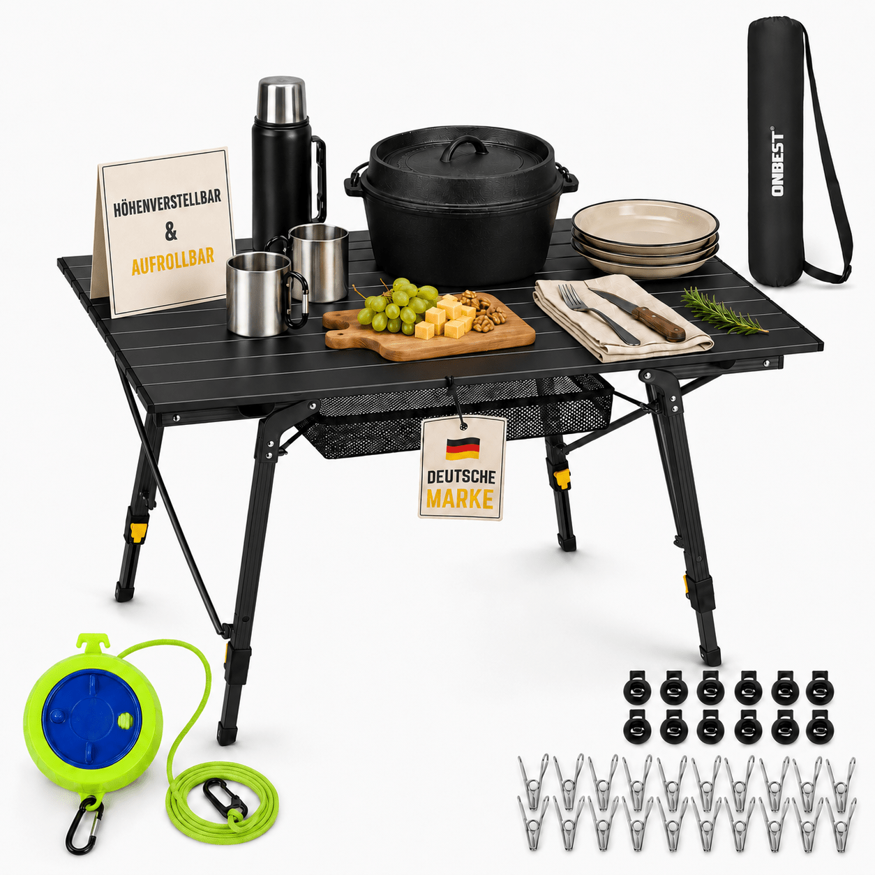Image of Folding Camping Table 90 X 53 Cm, Height Adjustable 45-70 Cm – Aluminum Folding Table With Roll-up Tabletop, Mesh Pocket, Clothesline With 20 Clothespins, And Carrying Bag, Kg