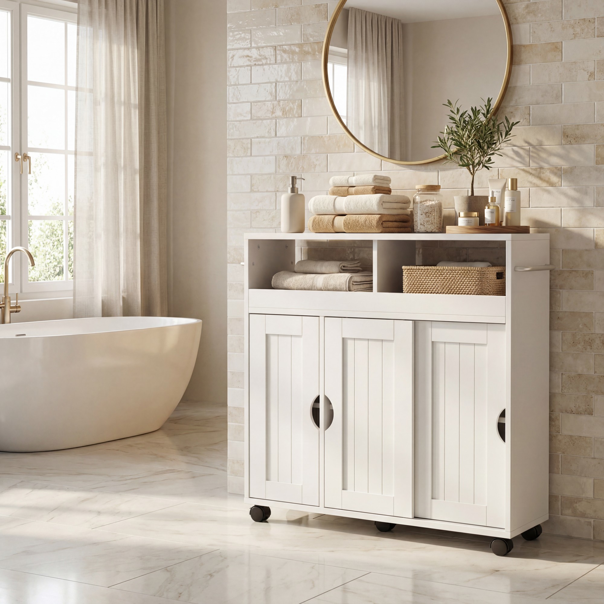 Image of Bathroom Cabinet With Wheels, Slim Side Storage Organizer With Adjustable Shelf & Towel Racks, Rolling Storage Cabinet, Freestanding Storage Unit For Living Room Kitchen Entryway, White