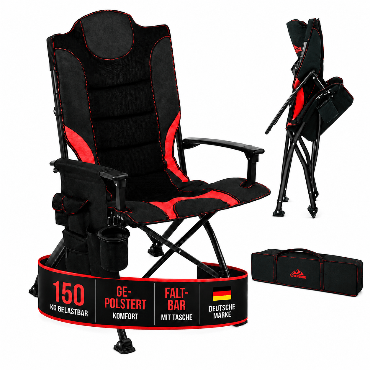 Image of Folding Camping Chair, Padded, Up To 150 Kg – Folding Chair With Cup Holder, Lockable Back Pocket, And Mesh Pocket, Oxford 600d Fabric, , And Carry Bag, Seat Width 58 Cm