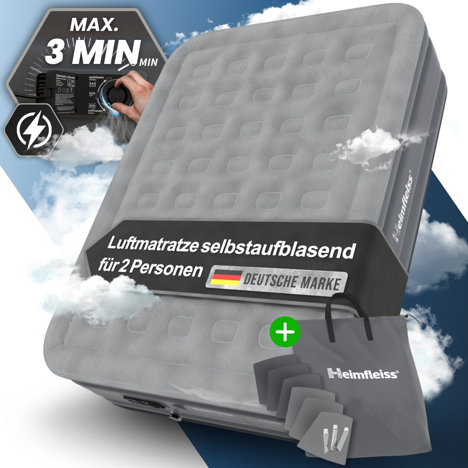 Image of Homemade® Self-inflating Air Mattress 100x200 / 150x200cm, Beige/grey/black - Up To 300kg, Anti-leakage Valve, Pump 453l/min | Air Bed, Guest Bed | Camping