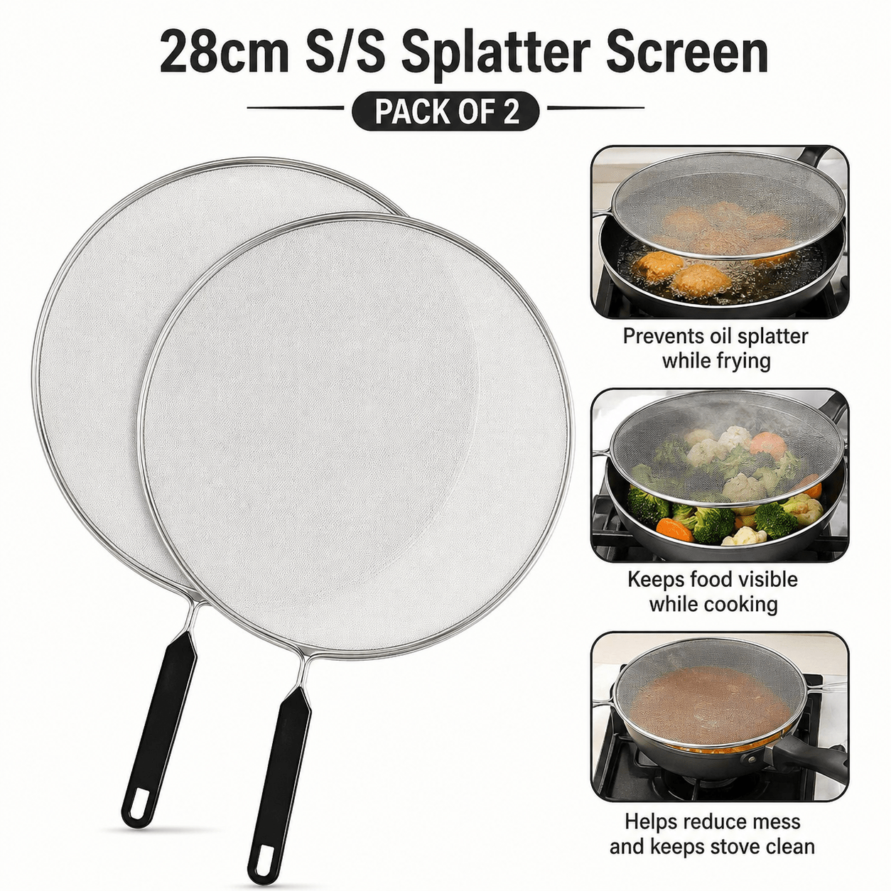 TEMU 28cm Stainless Steel Splatter Screen Guard, Pack Of 2, Fine Mesh Frying Splash Protector For Pans & Skillets