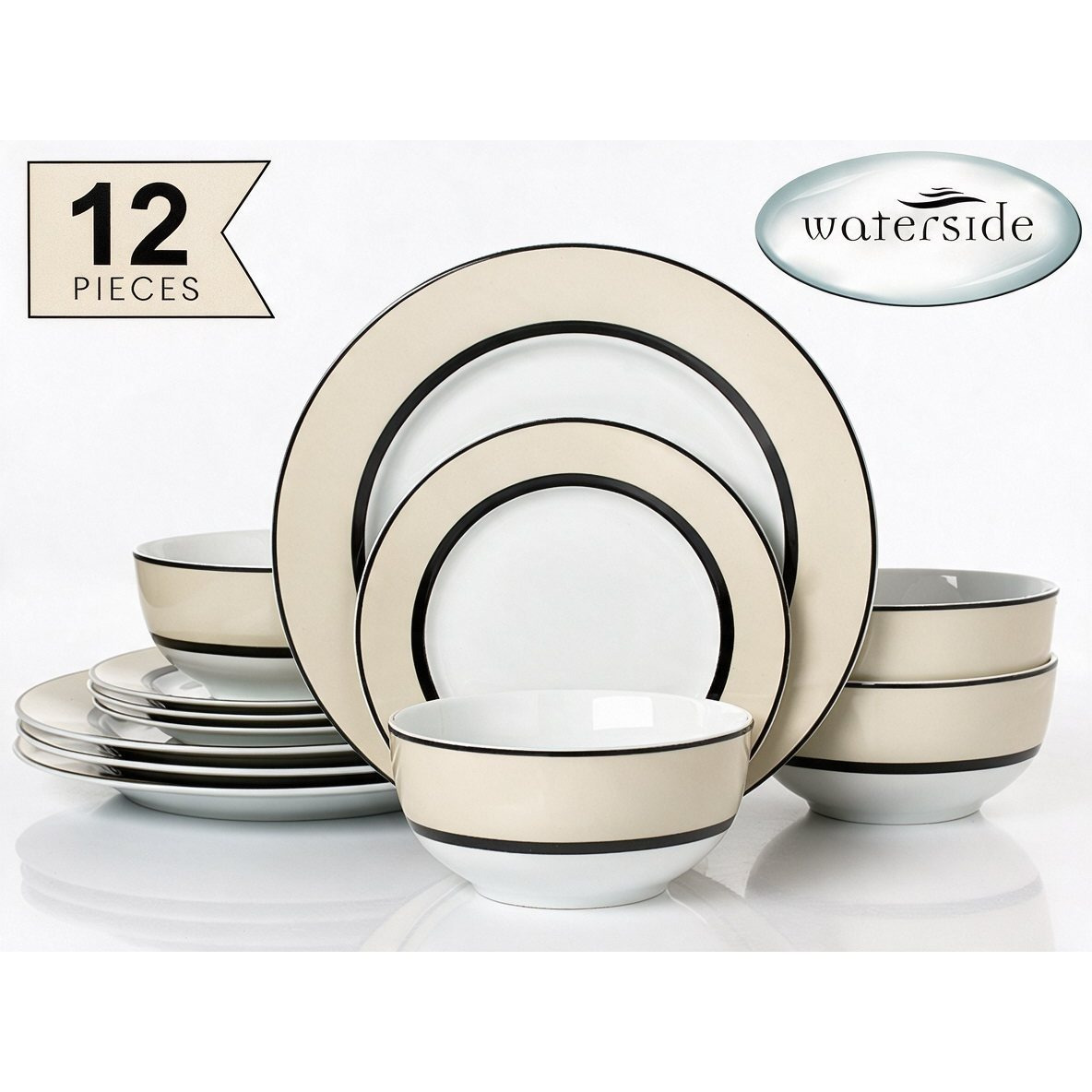 TEMU *** New Summer Offer *** Waterside 12pcs Cream Band Porcelain Dinnerware Set; Dishwasher & Microwave Safe - 4 Dinner Plates 4 4 Deep Bowls