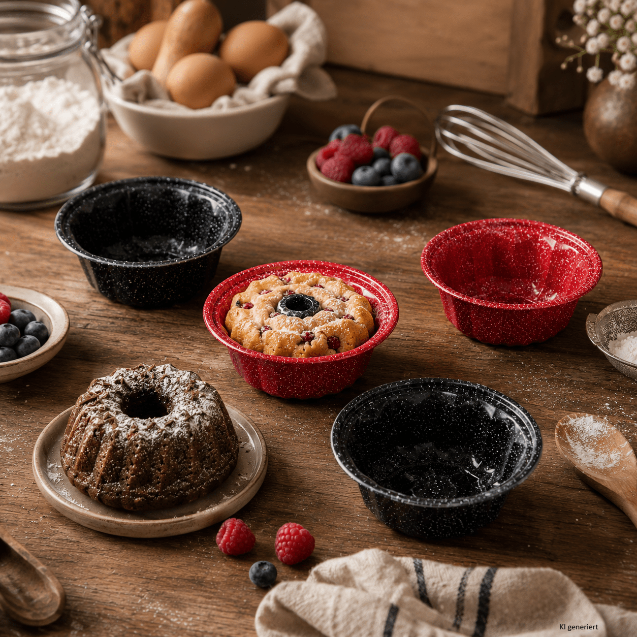 Image of 4-piece Set Mini Cake Pan Ø12.3cm Round Red Black, Small Steel Cake Molds, Air Fryer And Oven To , Freezer Suitable