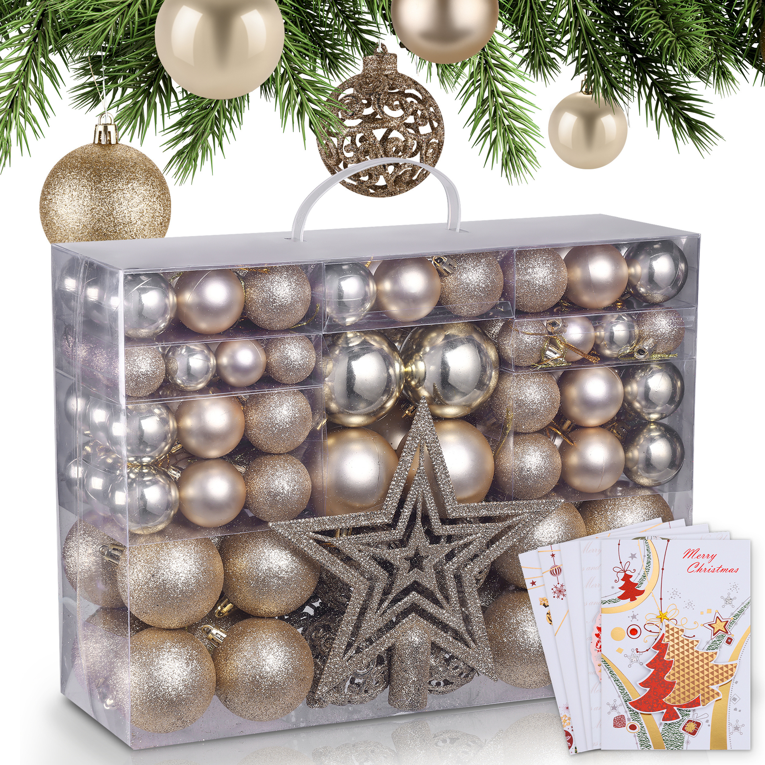 128-piece Christmas Ornament Set With Tree Topper – Plastic Christmas Tree Ornaments In 3 Sizes And 3 : Matte, Shiny, And Glittery, With Hanging Loops, Storage Box, And 5 Christmas Cards