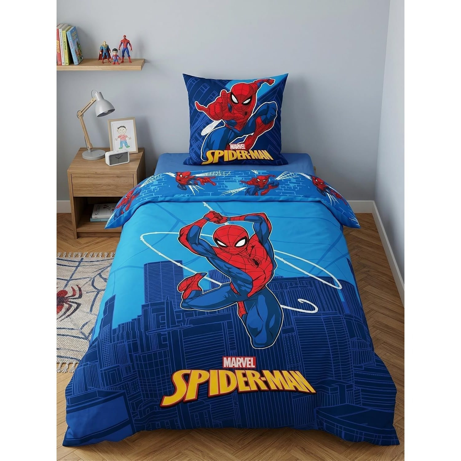 Image of Spiderman Urban Energy Duvet Cover 140x200 + Pillowcase 65x65 Blue Red | Reversible 1-person Bedding Set | Quick-drying Poly | Official | Boy & Teenager | Gift | Gift Idea