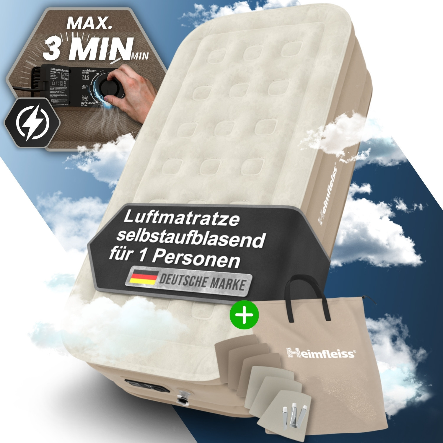Homemade® Self-inflating Air Mattress 100x200 / 150x200cm, Beige/grey/black - Up To 300kg, Anti-leakage Valve, Pump 453l/min | Air Bed, Guest Bed | Camping