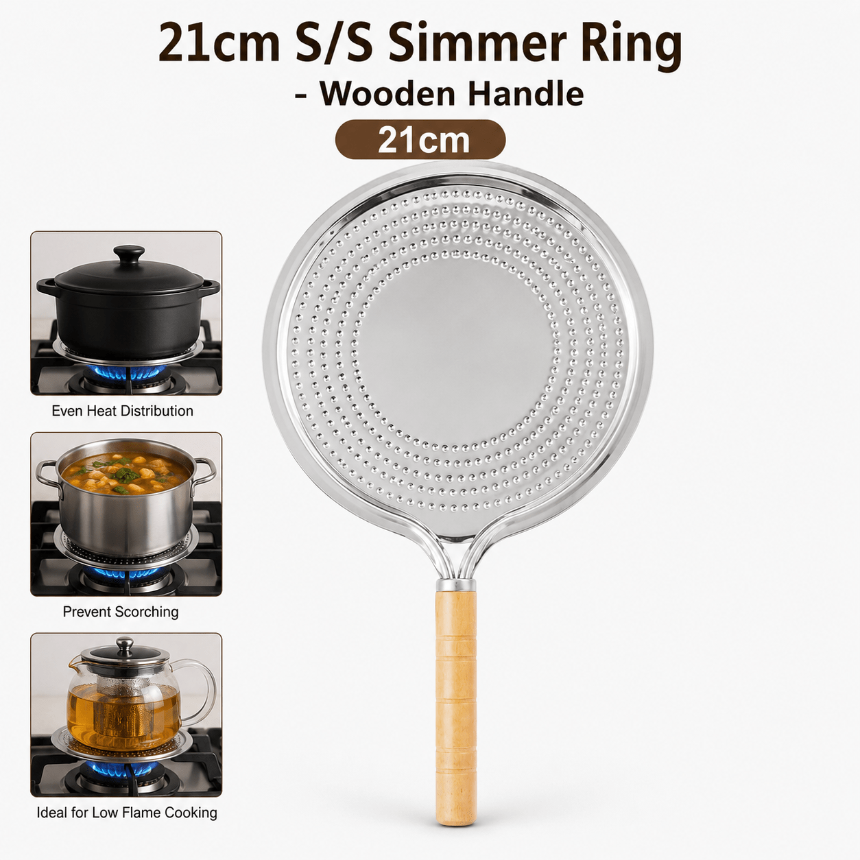 TEMU Stainless Steel Simmer Ring For Gas Hob – Heat Spreader With Wooden Handle