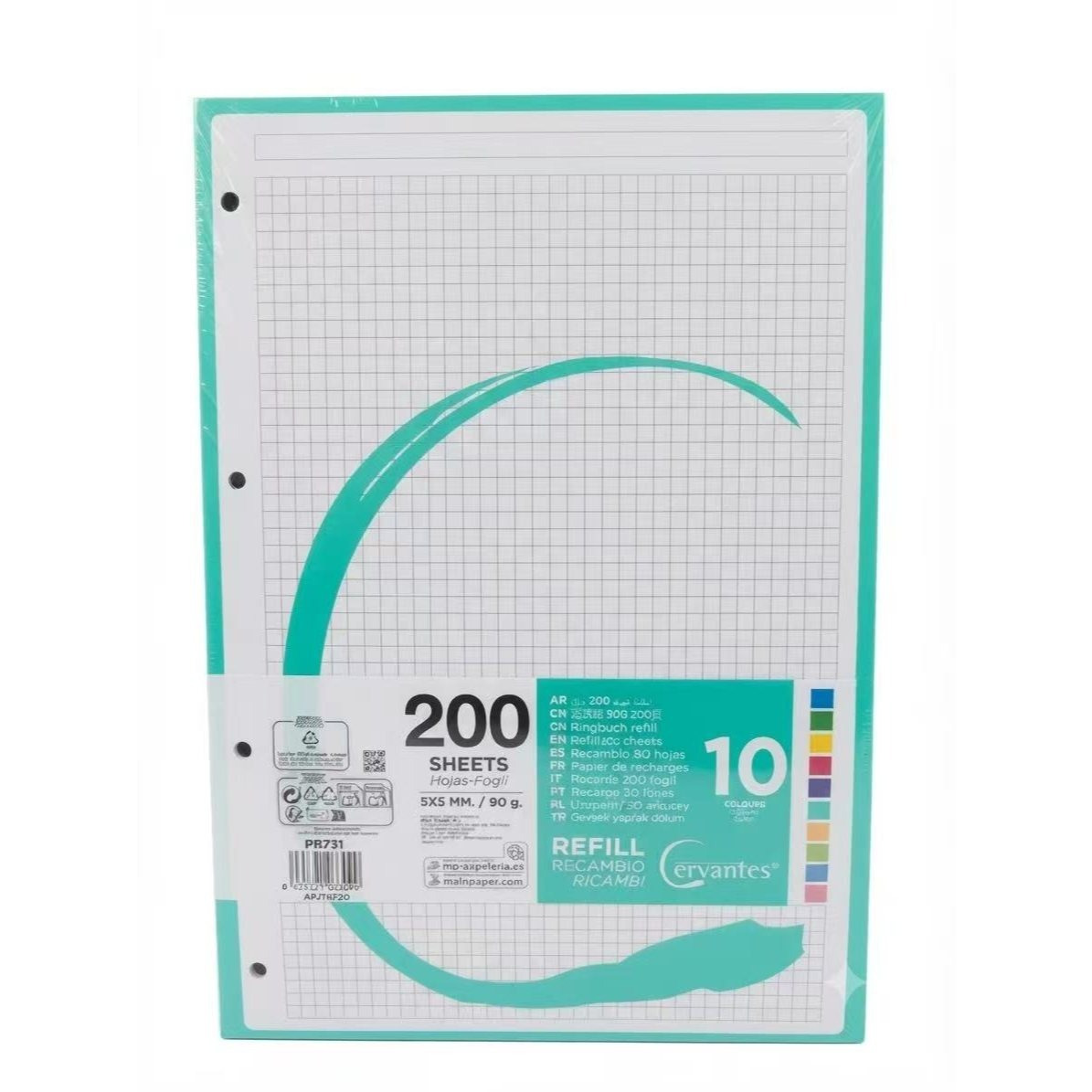 TEMU Recambio de hojas cuadriculadas A4 de 200 hojas, cuadrícula de 5x5 mm, 90 g/m², 10 colores