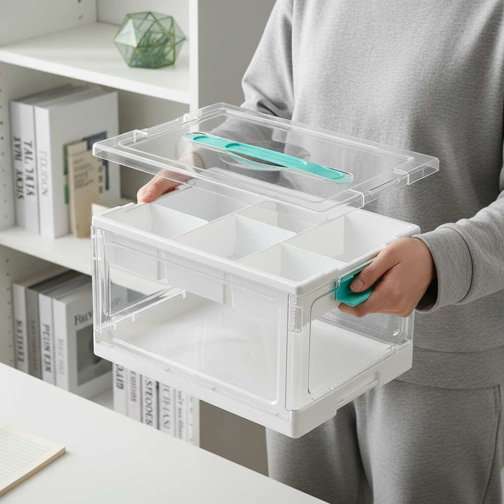Image of Modular Transparent Storage Box With Handle, 2-layer Removable Divider Organizer, Portable Plastic Craft Storage Bin For Makeup, Nail Art, Medicine, Toys & Office Supplies