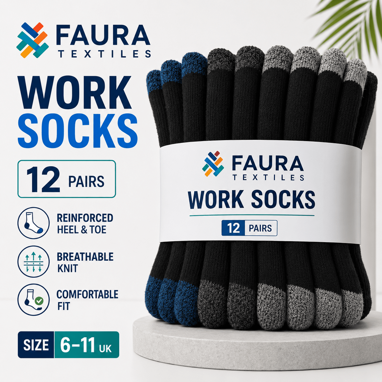 TEMU Faura Textiles 12 Pairs Men's Work Socks – Heavy Duty, Cushioned Heel & Reinforced Toe, Breathable And Durable, , Uk Size 6–11