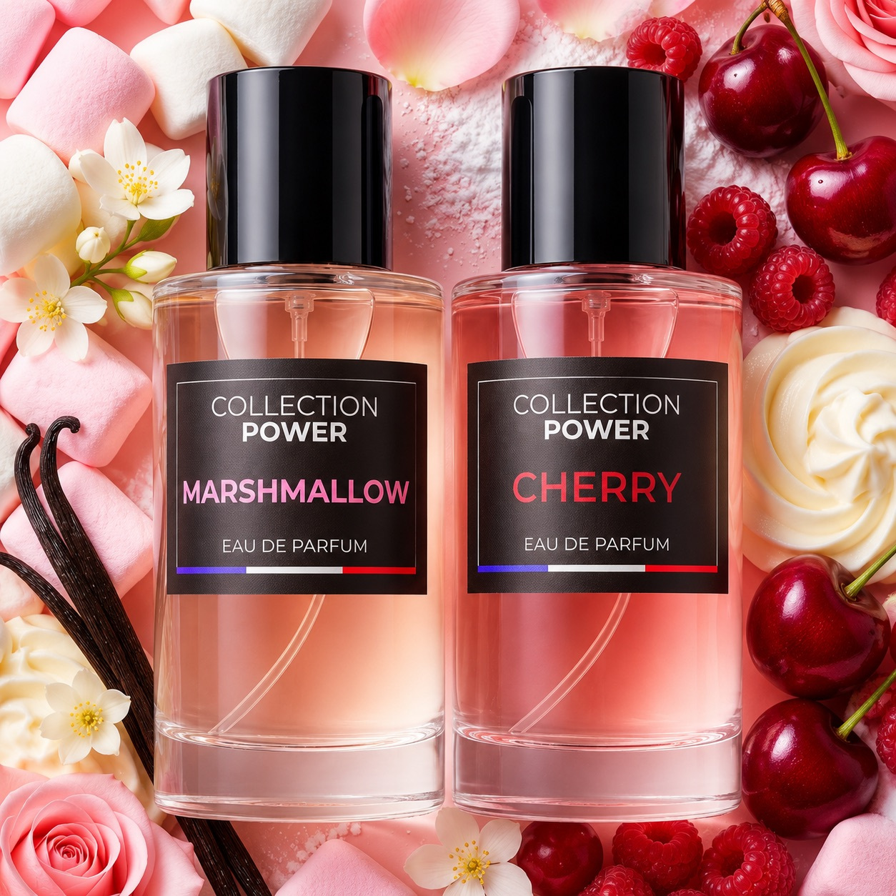 TEMU Set van 2 Eau de POWER MARSHMALLOW en CHERRY 50ml+50ml, Unisex Duo met Noten van Marshmallow, Kers, Vanille, Witte Muskus en Zacht Hout